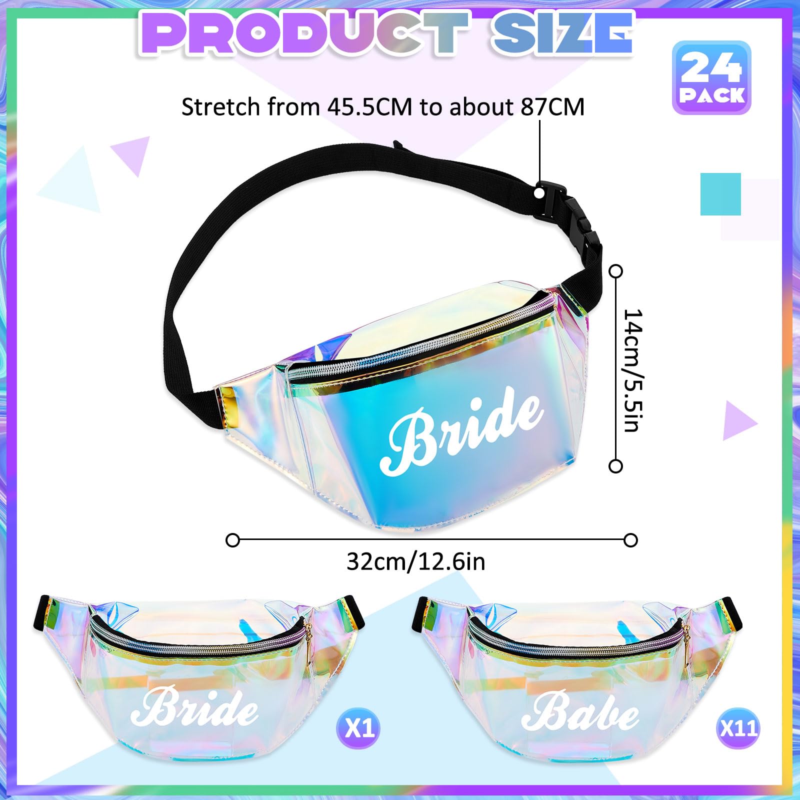 Silkfly Gürteltasche für Junggesellinnenabschied, holografisch, transparent, für Brautjungfern, mit verstellbarem Gürtel, Laser-Hüfttasche für Brautparty, Hochzeit, Party, Gastgeschenke, 12-teilig,
