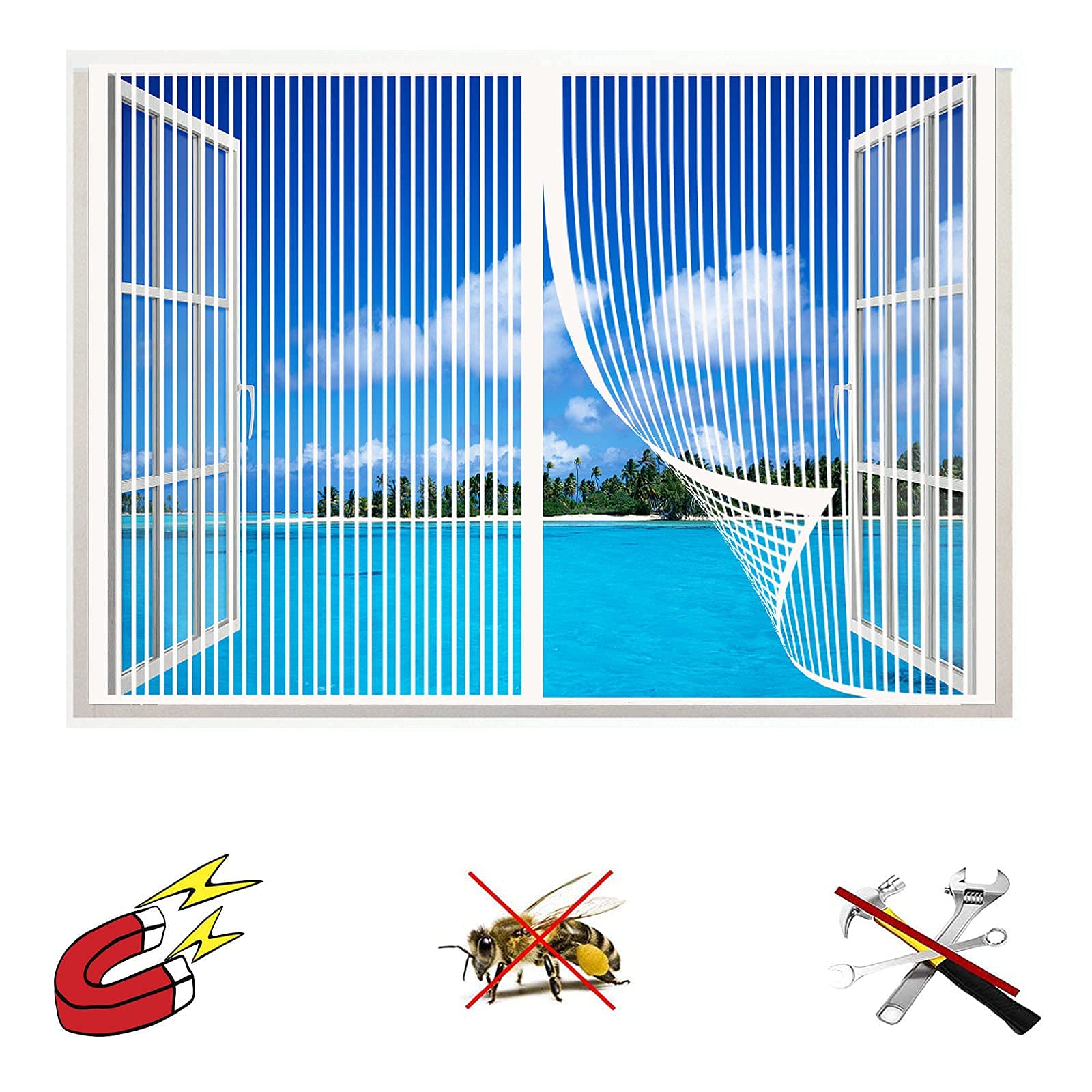 Magnetic Screen Window, Magnetic Fly Screen Windowmesh Window Curtains net Fly Mosquito Insects Screen Window Fly Screen net with self-Adhesive Tape,Ultra Seal,Shuts Automatically,Easy to Install