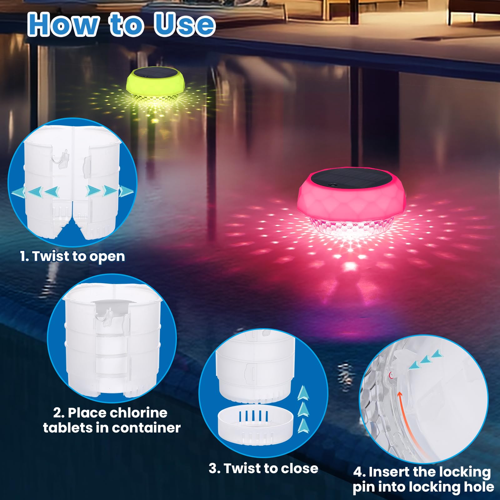 Qoolife Dosierschwimmer Pool für bis zu 4 Chlortabletten Solarlicht LED 7 Farben Pool Dosierer Chlorspender Pool Schwimmer mit Fernbedienung Einstellbar Faltbar Chlortabletten Dosierer