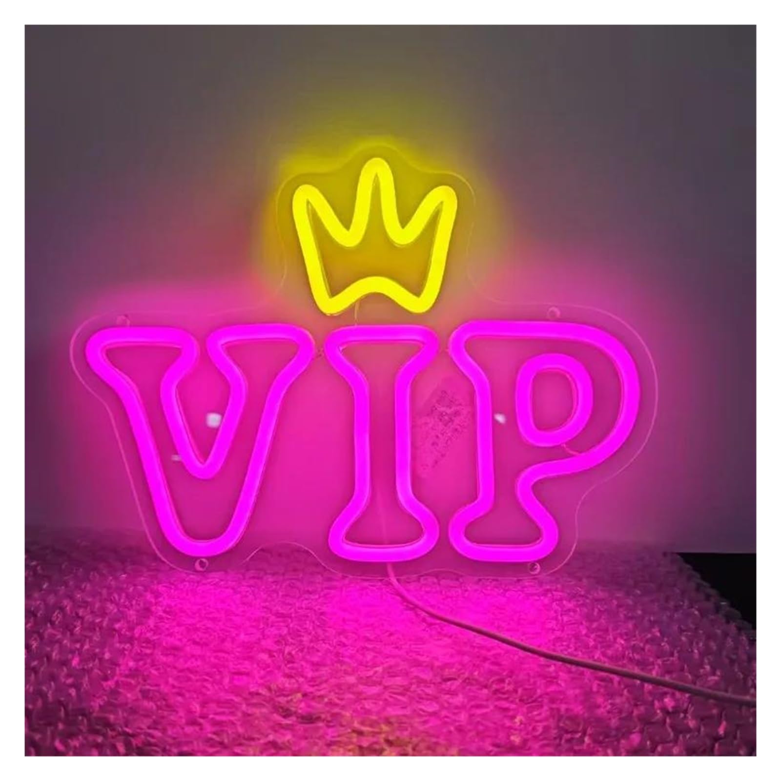 RONGCH Hanging Art Signs VIP Neon Sign Crown LED Light Dimmable USB Powered for Lounge Hotel Club Bar Restaurant Beauty Salon Business Open Wall Decor 30cmx22cm(Rose red Lemon Yellow)