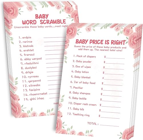 Juegos de Baby Shower para Niña - 2 Juegos (50 de Cada), Juego de Baby Shower Word Scramble y Price is Right, Doble Cara, Cartón Grueso, Divertido,