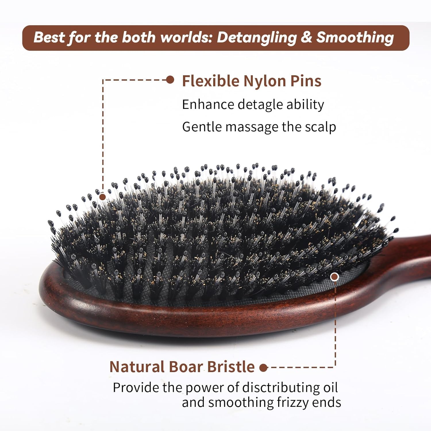 RAVEGO Hair Brush, Boar & Nylon Bristle Brushes for Smoothing Massaging Scalp Detangling Wet/Dry Hair - Image 2