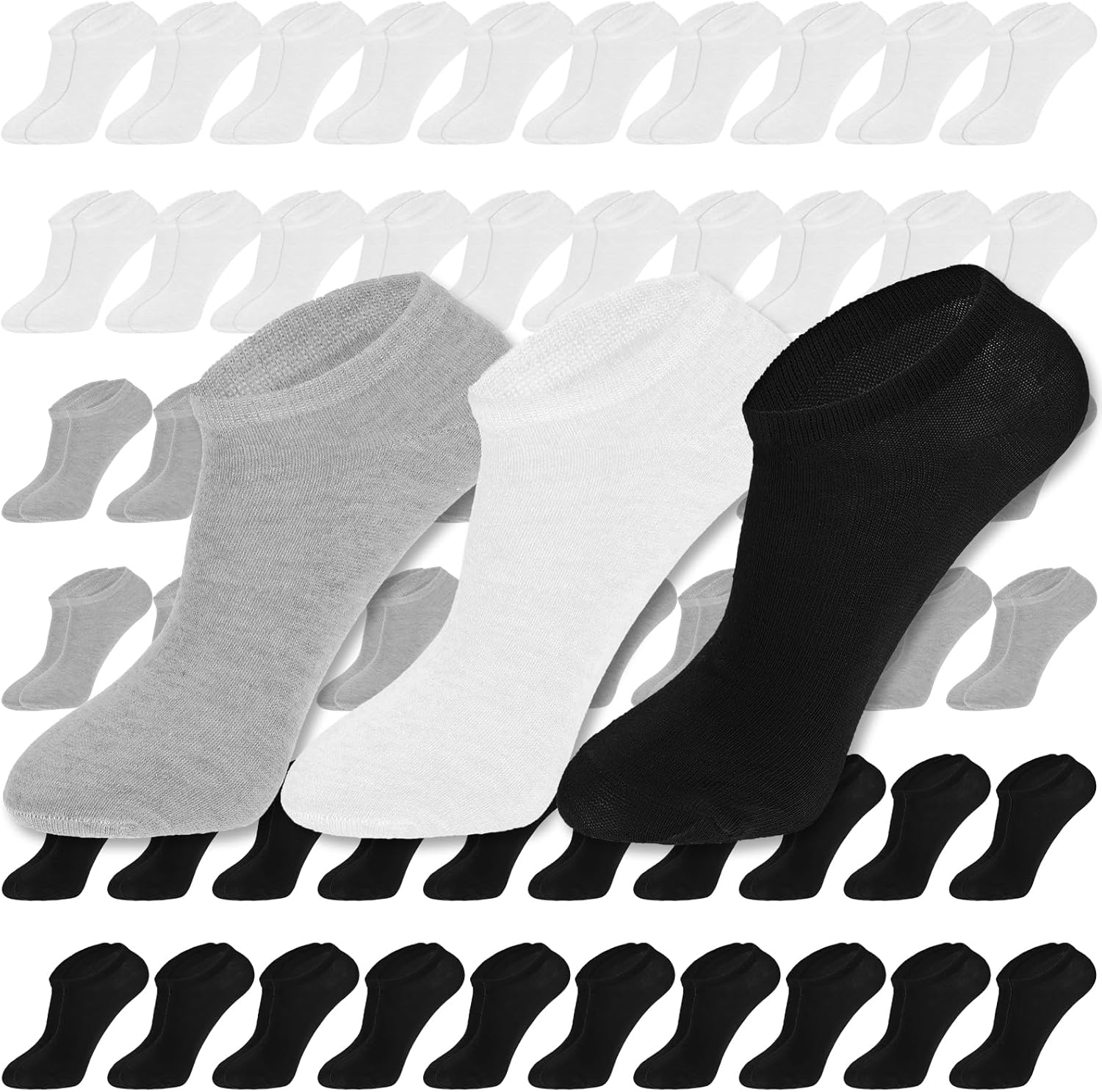 60 Pairs Low Cut Ankle Socks Bulk Pack, No-Show Unisex Socks for Men and Women, Casual Cotton Breathable Sock, Thin Bulk Sock 7-12 Size (Black, White, Grey)