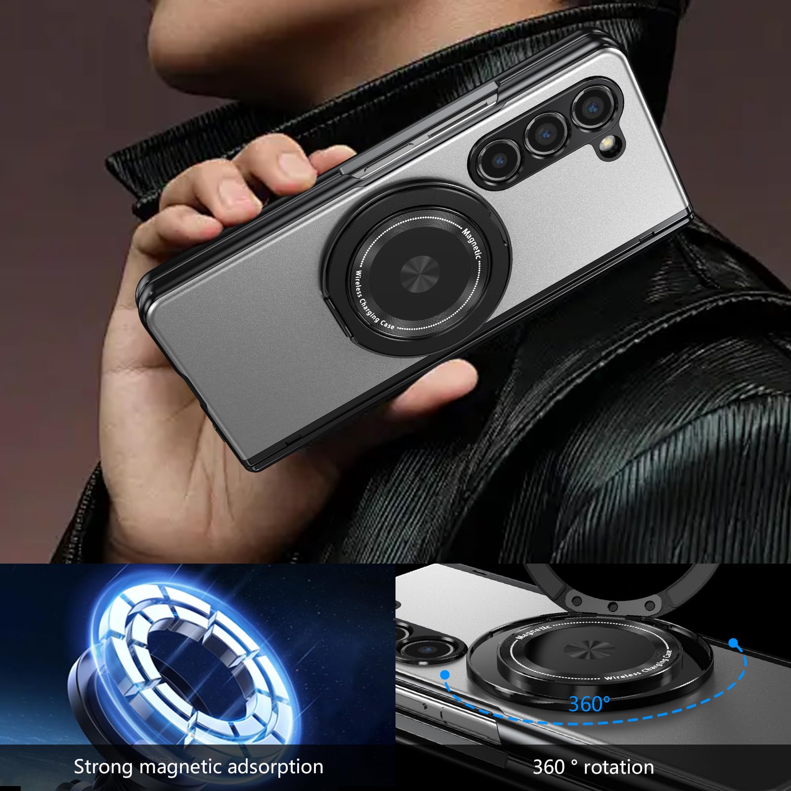 Custodia per Samsung Galaxy Z Fold 5 con protezione per cerniera e pellicola proteggi schermo e cavalletto ad anello in metallo, resistente, di grado militare, resistente alle cadute, per