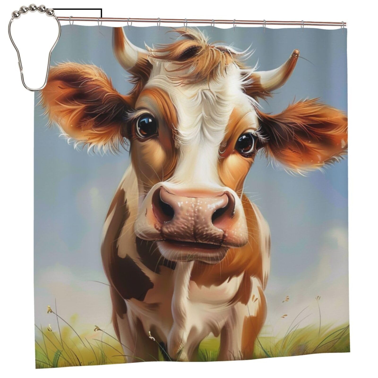 BWWHCCTI Cute Cow Printed Shower Curtain With 12 Iron Hooks Opaque Quick Drying Waterproof Shower Curtains Sets For Bathroom 183x183 CM