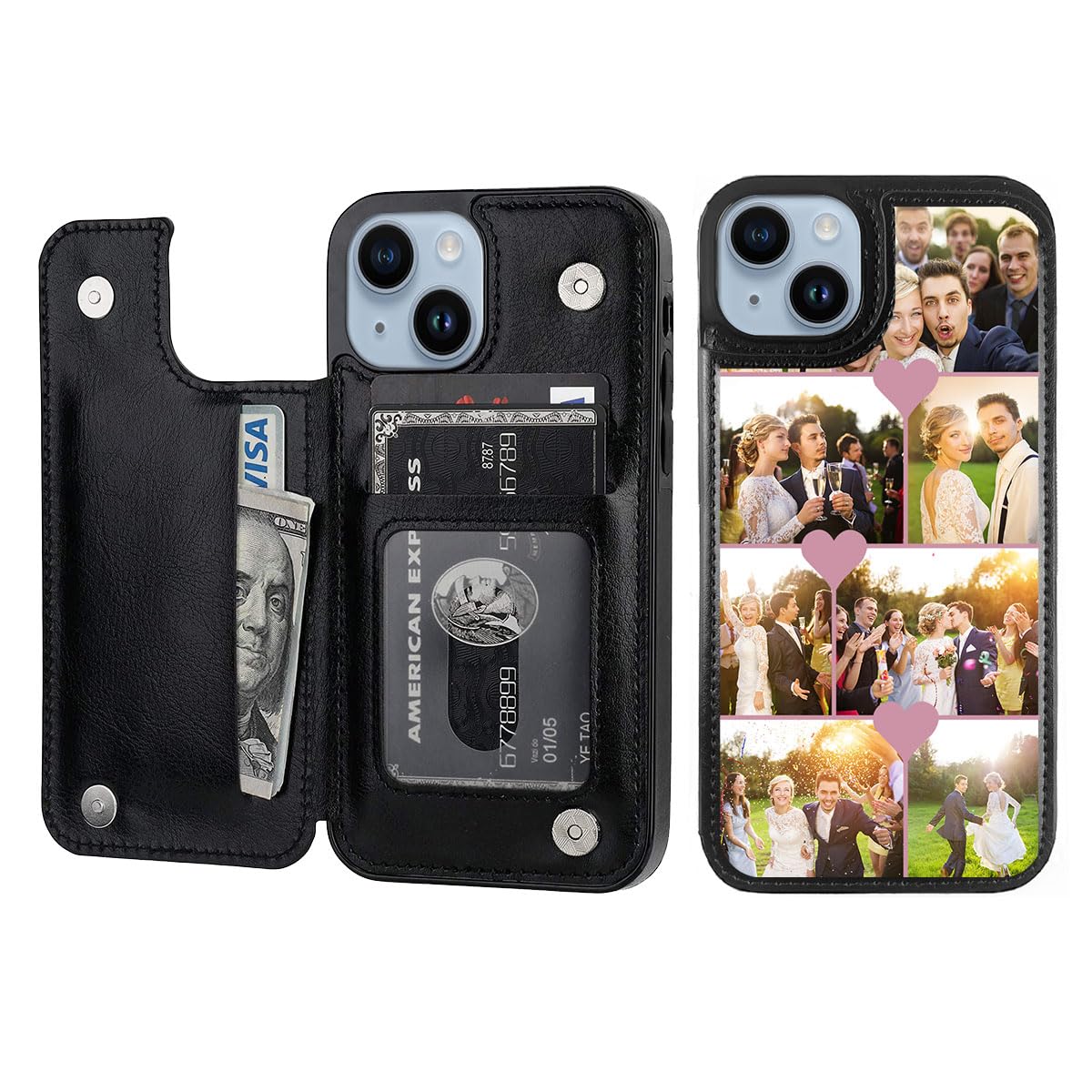 Personalized Photo Wallet Phone Case for iPhone 15 Plus,Custom Multi-Picture Text PU Leather Flip Case with Card Slots Double Magnetic Clasp Kickstand