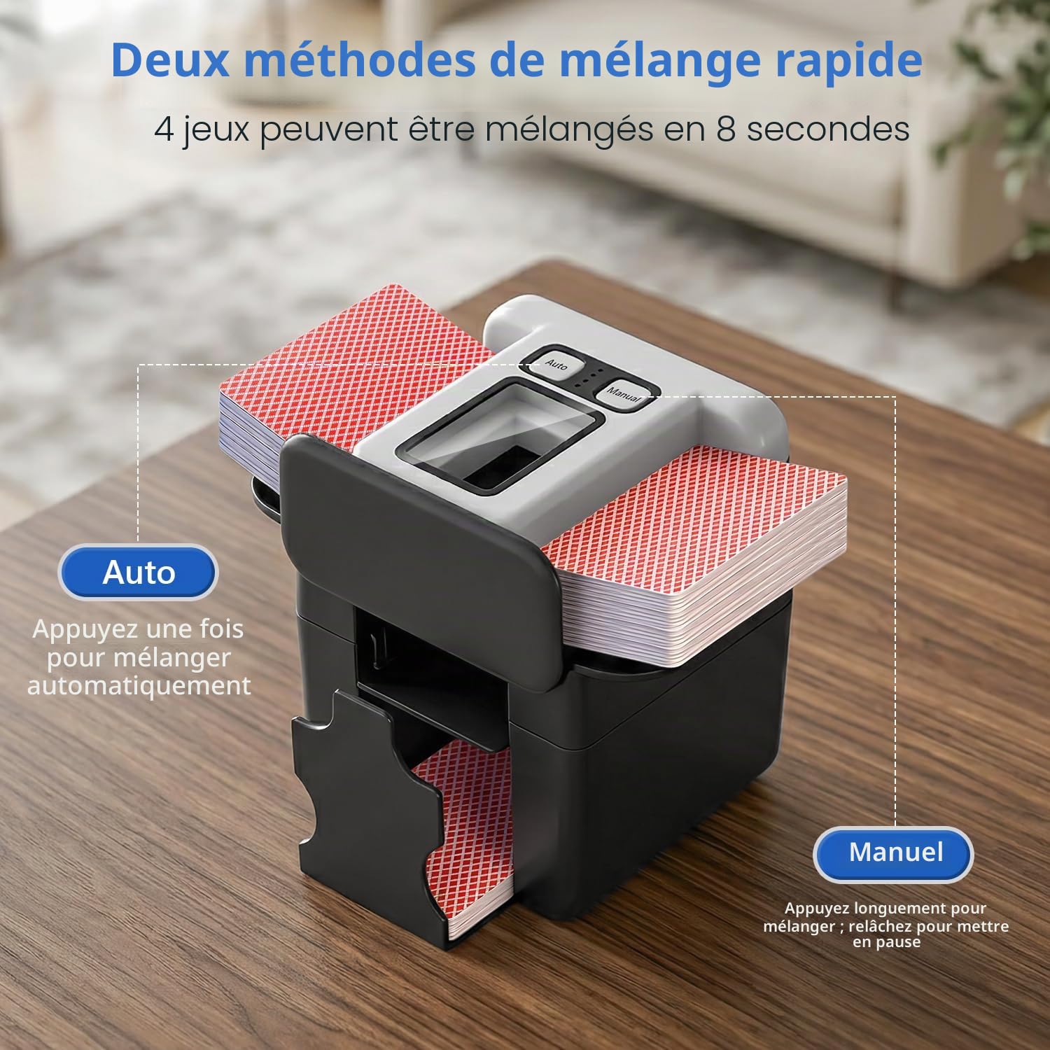 Mélangeur de cartes automatique, melangeur de carte rechargeable, mélangeur de cartes avec batterie de 2500 mAh, card shuffler avec ailette arrière réglable, pour différentes tailles de cartes