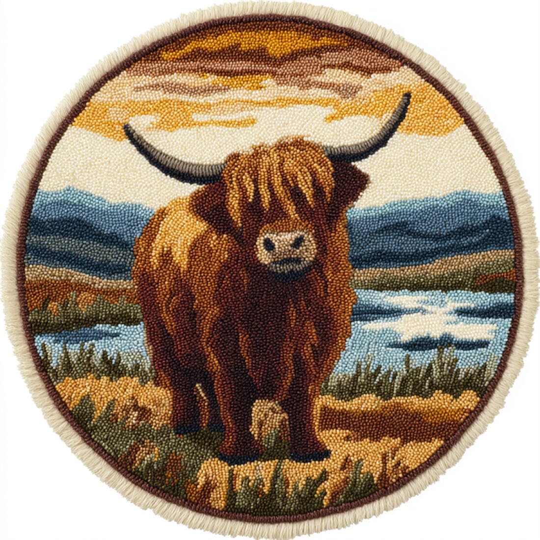 Rqwybcaxn DIY Rug Latch Hook Kits for Adults Animal Needlework Kit Highland Cattle and Scenery 50x50cm Round Washable Area Rug Living Room Wall Hanging