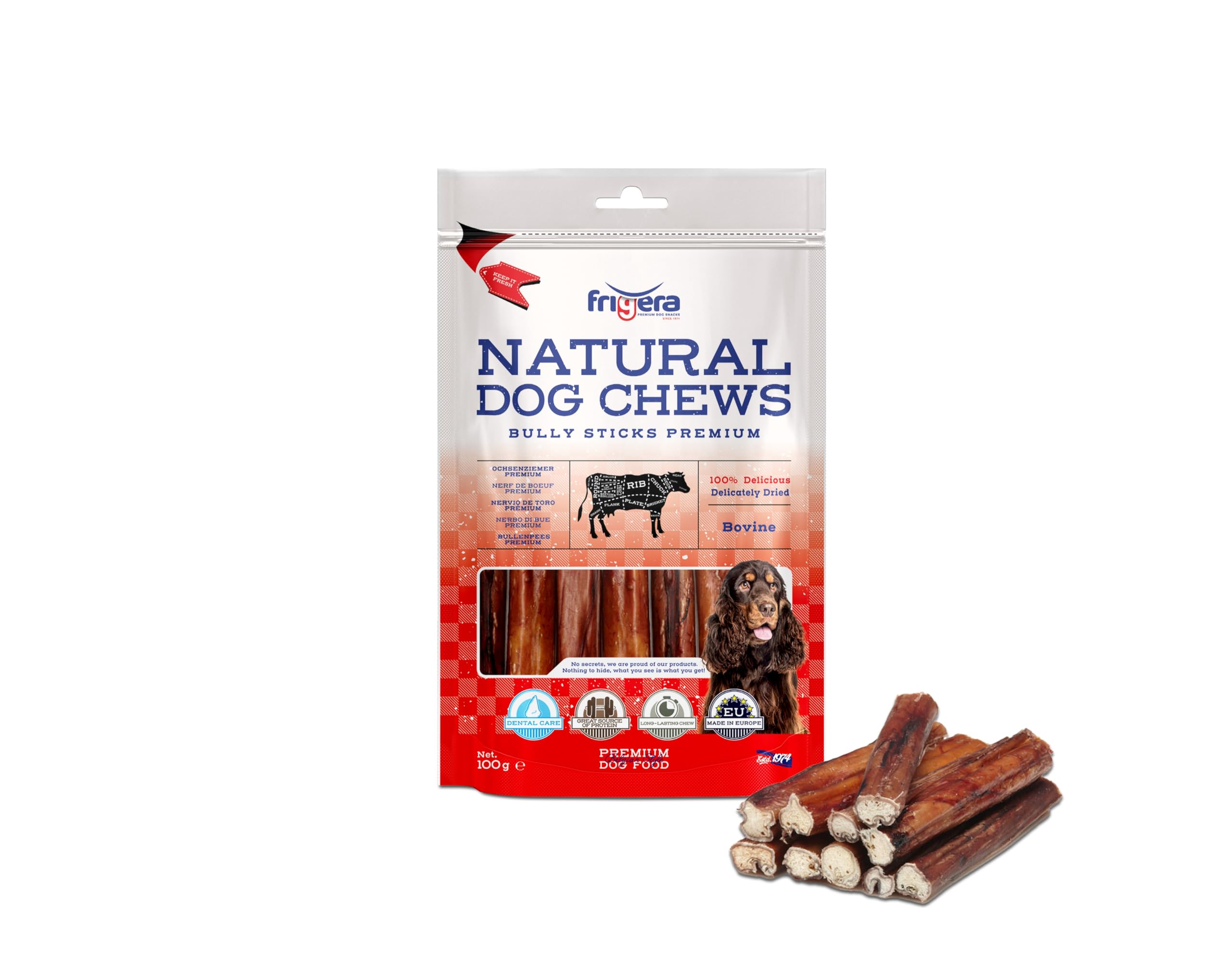 Frigera Cuccia di bue di alta qualità, 15 cm, 100 g, manzo, naturale, ricco di proteine, per cani, senza glutine e cereali, a lunga durata.