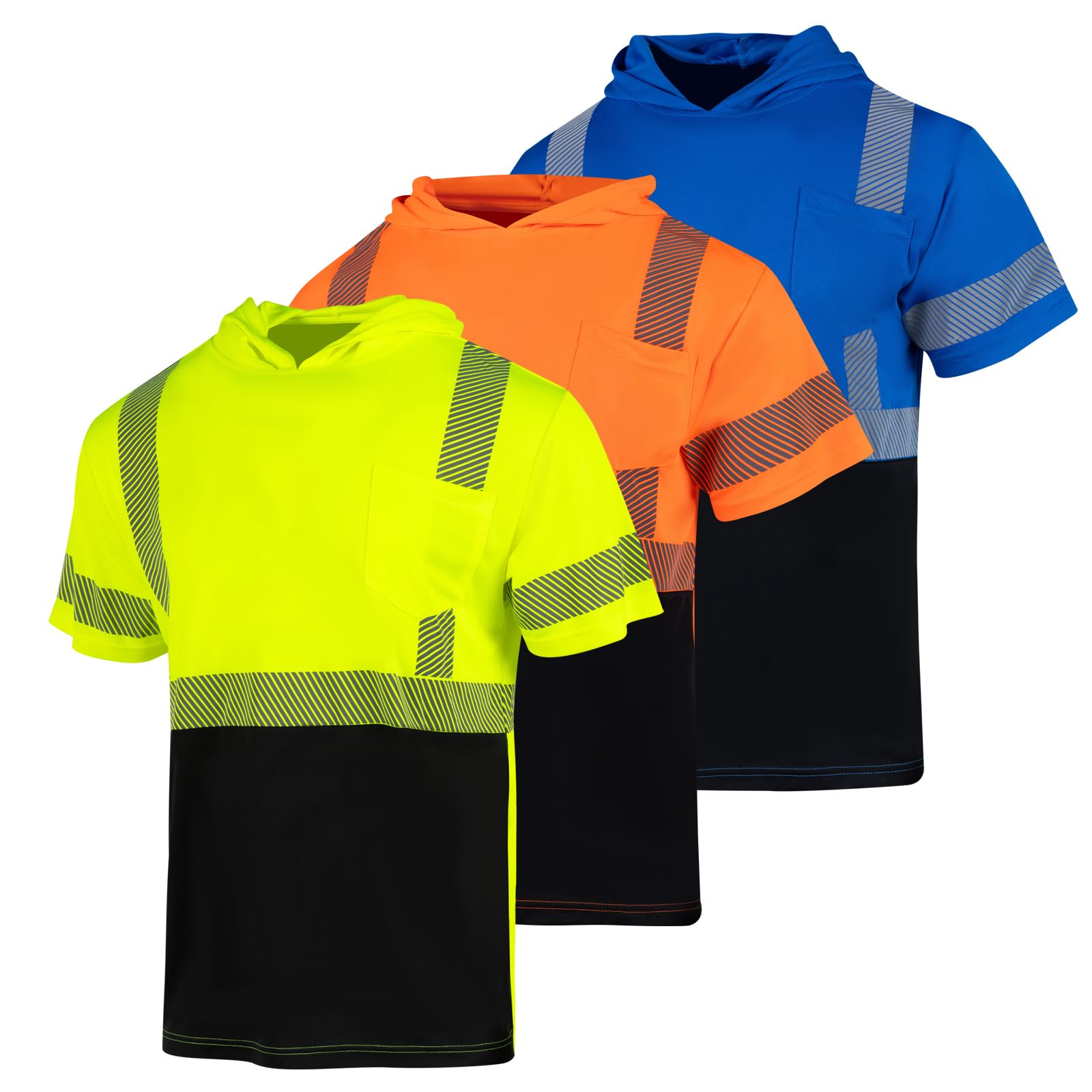 FONIRRA 3 Pack Hi Vis Shirts for Men Safety Reflective Short Sleeve Construction Work T Shirt with Hood ANSI Class 3