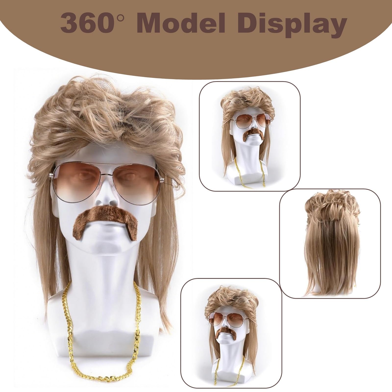 Vokuhila Perücke Herren, 70 80er 90er Jahre Outfit Accessoires, Blond Vokuhila Frisur Perücke mit Bart Brille Halskette, Männer Faschingskostüme für Karneval Halloween Cosplay Rocker Party
