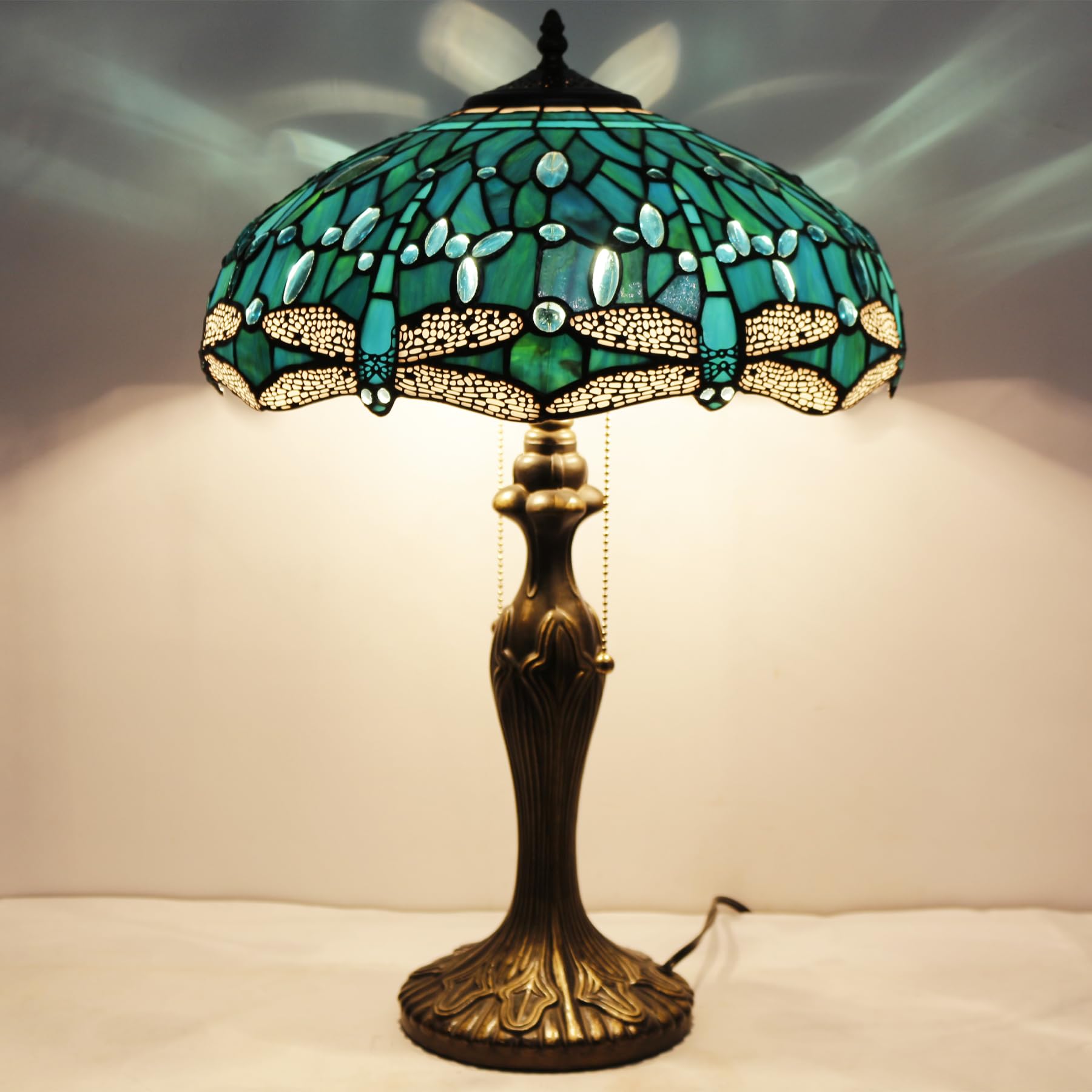 WERFACTORY Tiffany Table Lamp Green Stained Glass Dragonfly Bedside Lamp 16X16X24 Inches Desk Reading Light Metal Base Decor — view 3