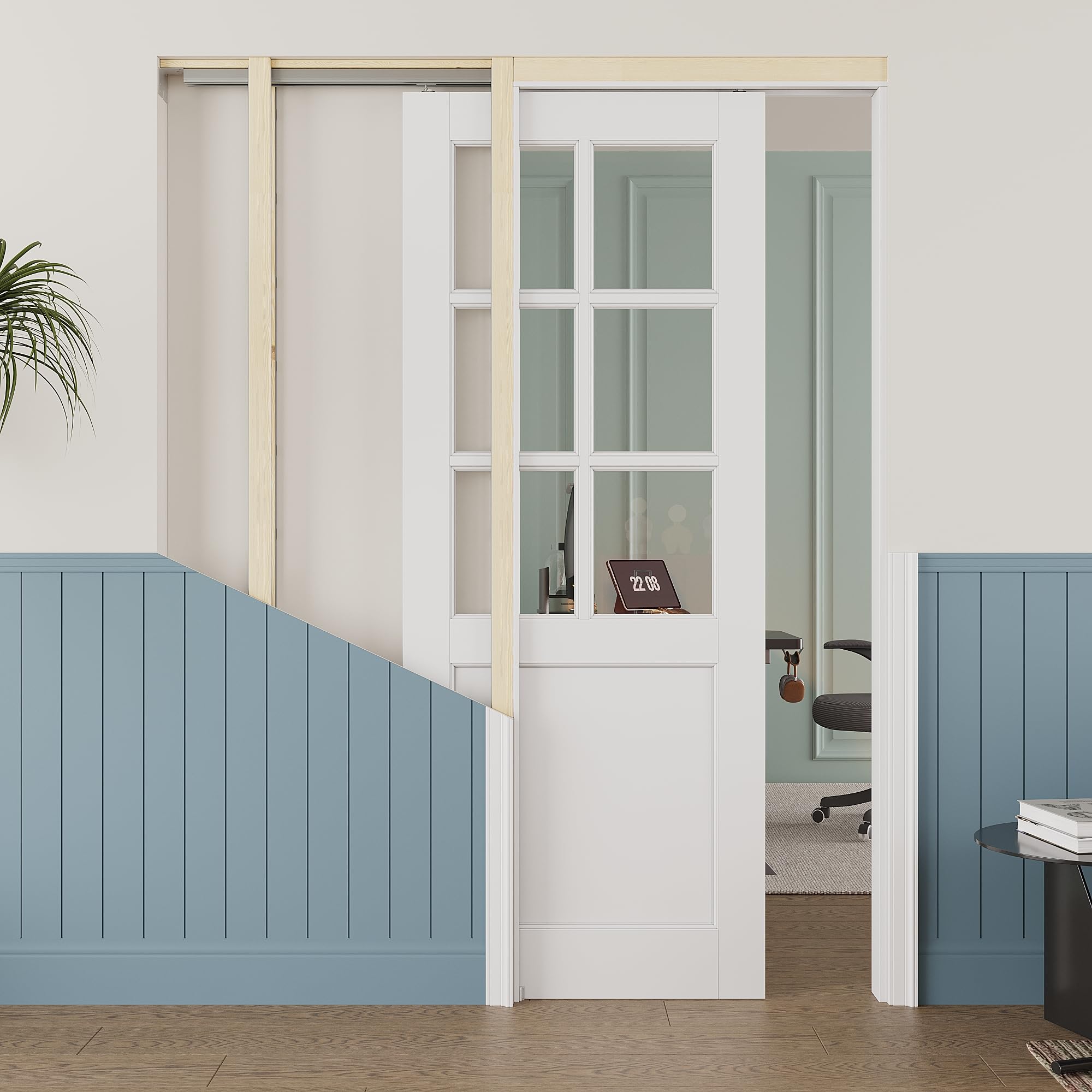 32x80 Sliding Pocket Door,Glass Doors,Murphy Hidden Doors,6 Lite Clear Door