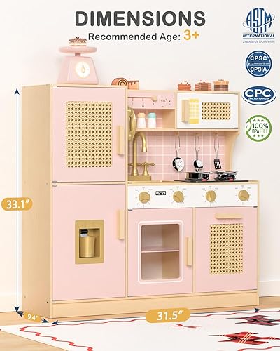Miniatura 6 de Babytronic Juego de cocina de madera para niños, cocina de juego de simulación rosa con luces y sonidos, cocina de juguete de estilo retro para