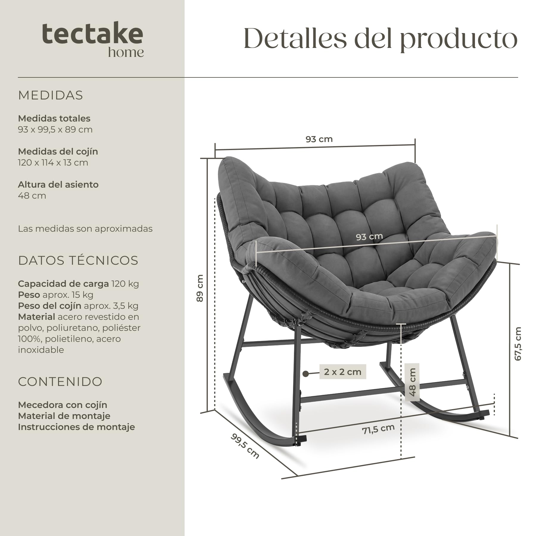 tectake® Silla Mecedora, Cojín Lavable Grueso, Sillon Lectura, 99,5 x 93 x 89 cm, Carga 120 kg, Butaca Salon, Interior Exterior, Sillon Lactancia, Sillones Dormitorio, Butaca Dormitorio - Antracita