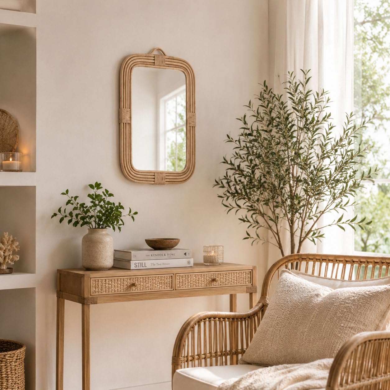 Decorasian Specchio da parete in rattan, rettangolare (50 x 35 cm), intrecciato a mano, design bohémien, decorazione da parete sostenibile per il corridoio