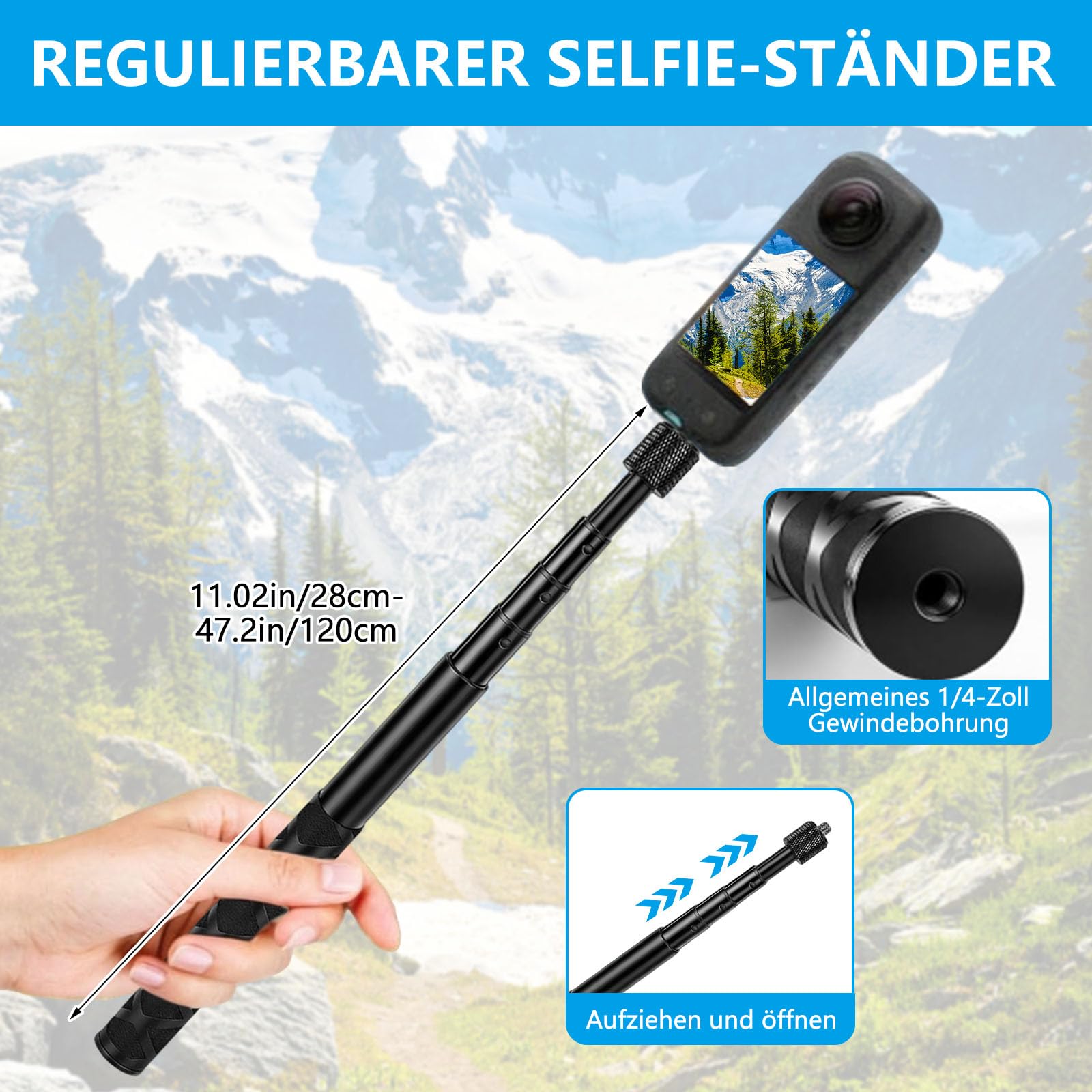 Supporto per fotocamera per moto e bicicletta, 120 cm, selfie stick, doppio morsetto