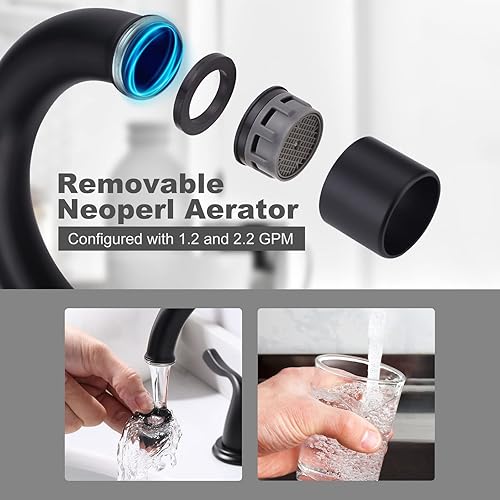 Miniatura 6 de ARCORA - Grifo de baño negro de 8 pulgadas, 3 agujeros, 2 manijas con montaje de drenaje, grifo negro mate para fregadero de baño