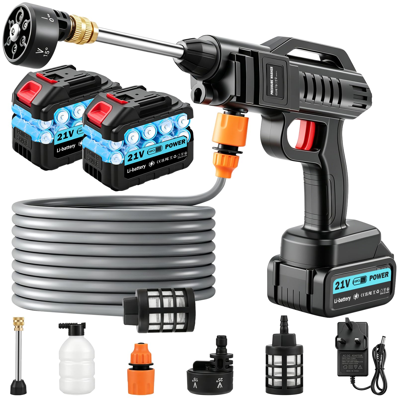 RugoTech 80Bar Cordless Pressure Washer, 21V Portable Power Washer High Pressure with 2 x 3000mAh Batteries & Fast Charger, 6-in-1 Nozzle & 5M Hose, Electric Jet Wash for Car.