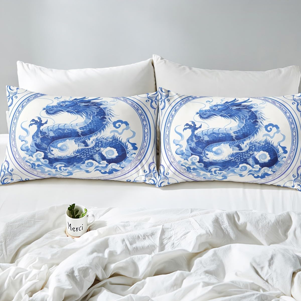 Chinese Loong Duvet Cover,Kids Blue White Bedding Set,Dragon Comforter Cover for Boys Girls Room Decor,Blue Ink Art Bedspread Cover Twin Size with 1 Pillow Case(No Comforter)