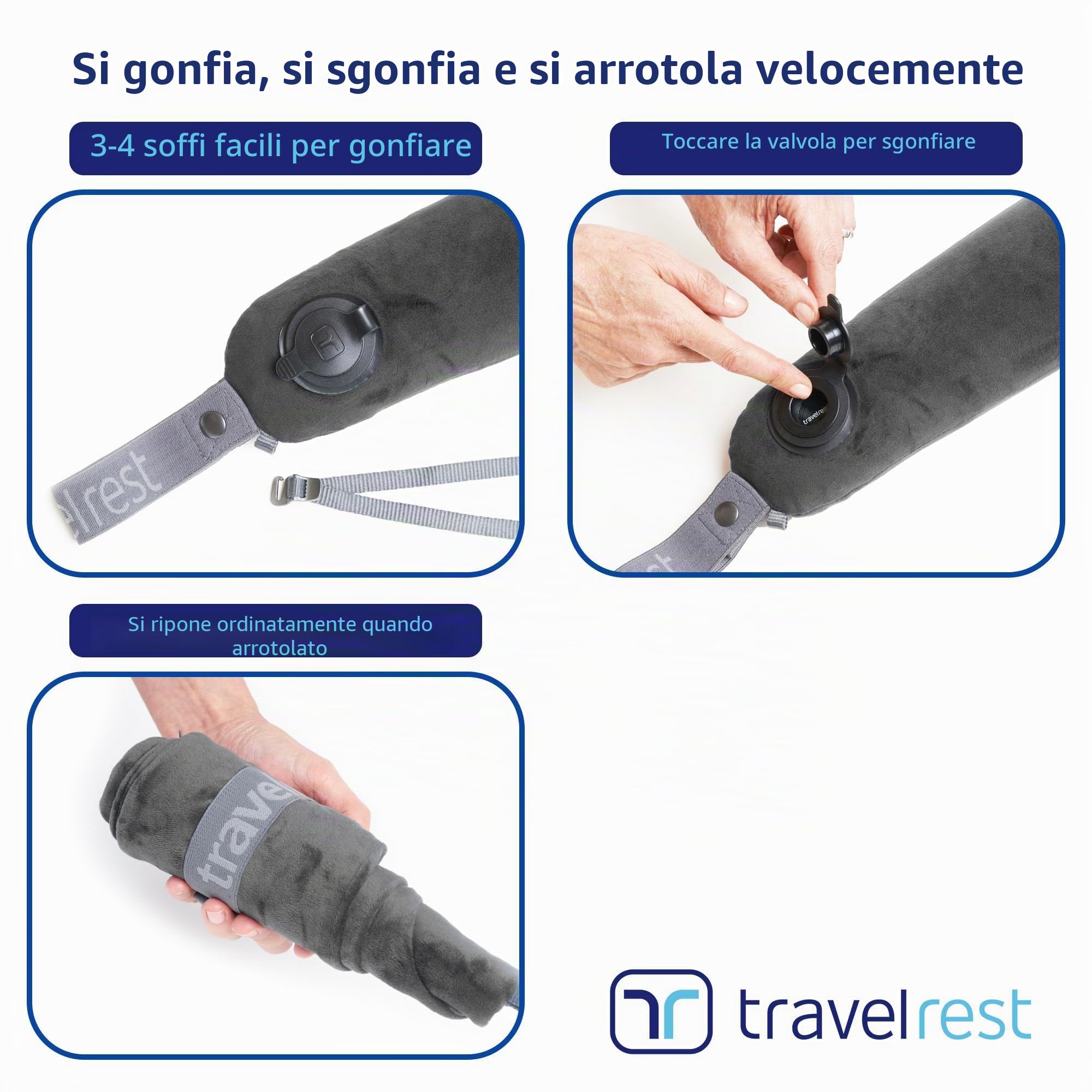 TRAVELREST All-in-One Cuscino da Viaggio Verticale Pieghevole Lavabile Leggero con Cintura – Gonfiabile, Sostiene Testa e Collo Per Viaggio in Aereo, Treno, Pullman – Innovativo Design Ergonomico