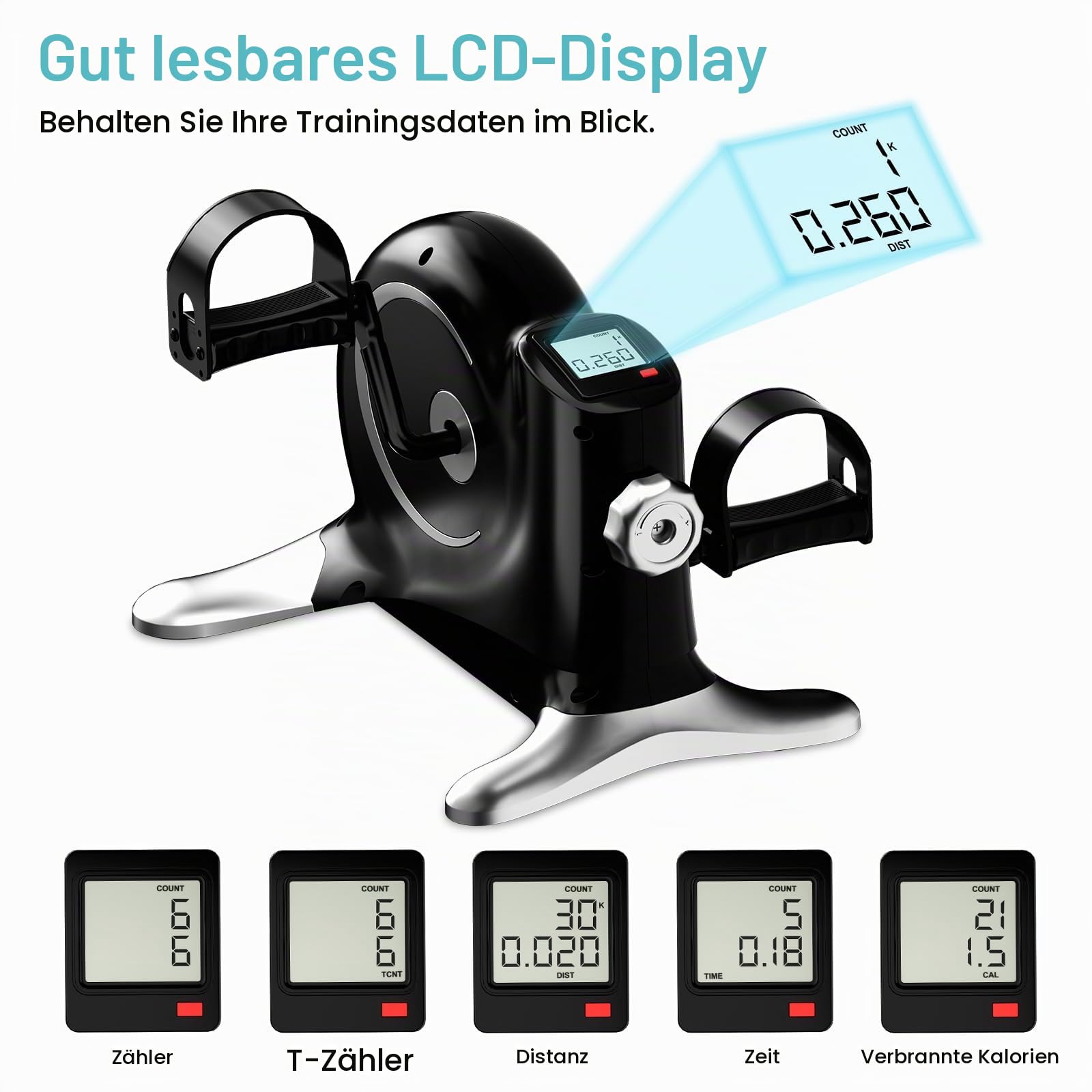 TODO Pedaltrainer für Senioren mit LCD-Display, Mini Bike Heimtrainer Schwarz, Verstellbarer Widerstand, mit Befestigungsband, Leise & Robust Tischfahrrad für Zuhause und Büro