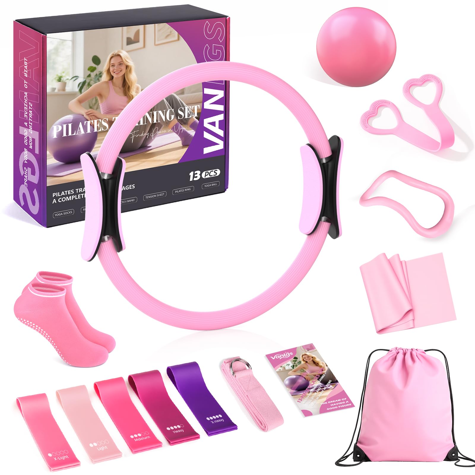 Pilates Kit 13Pcs, Home Pilates Essentials Workout Kit with 13"Ring, 10" Yoga Ball and Multi Resistance Bands, Portable Full Body Fitness Equipment Set for Women Beginners Home Gym Exercise