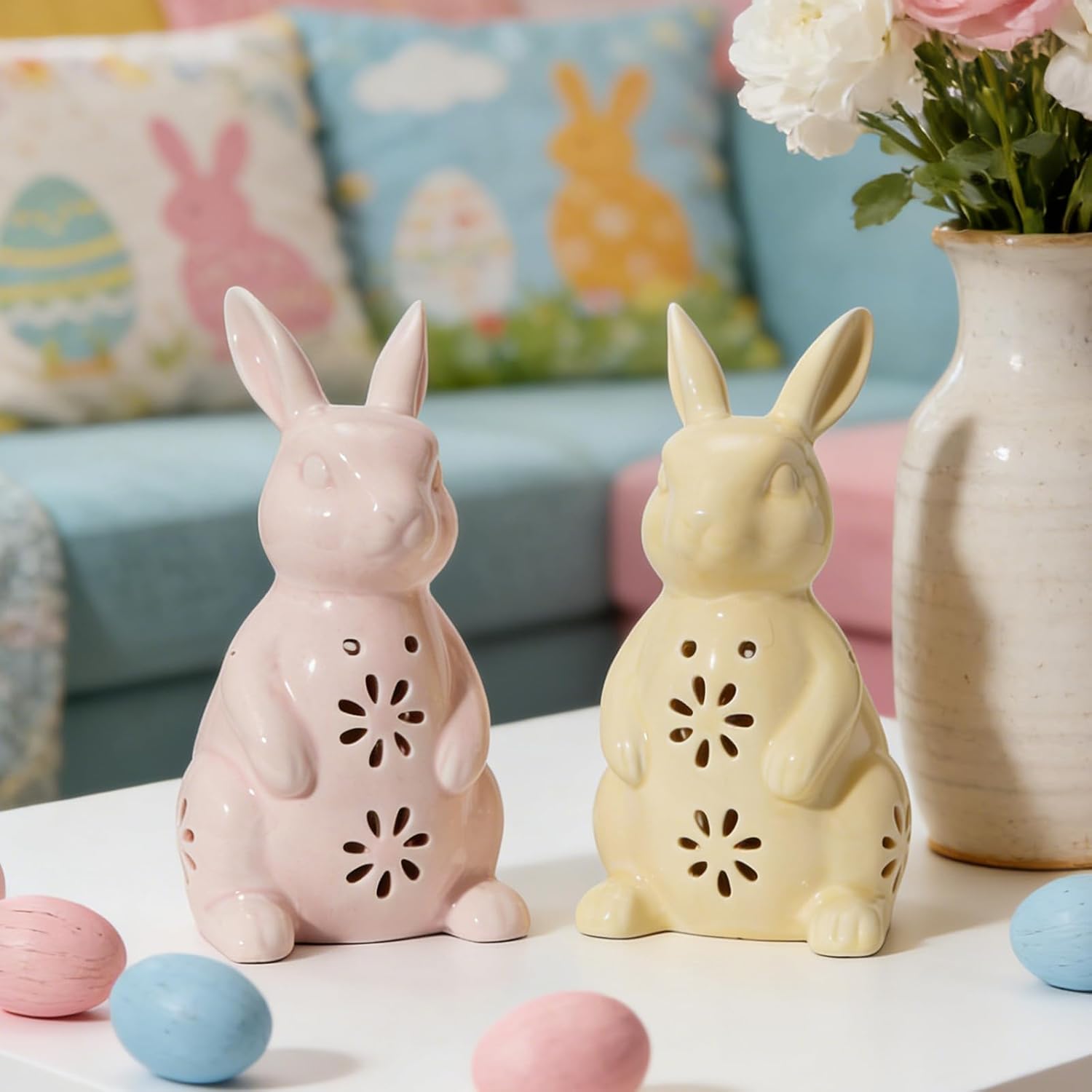 WDS WONDROUS Easter Decorations Light Up Bunny Figurines - 2PCS LED Ceramic Rabbit Statues Decor with Floral Cut-Outs, Glowing Easter Spring Home Decor for Farmhouse Tabletop Shelf Sculpture - Image 5