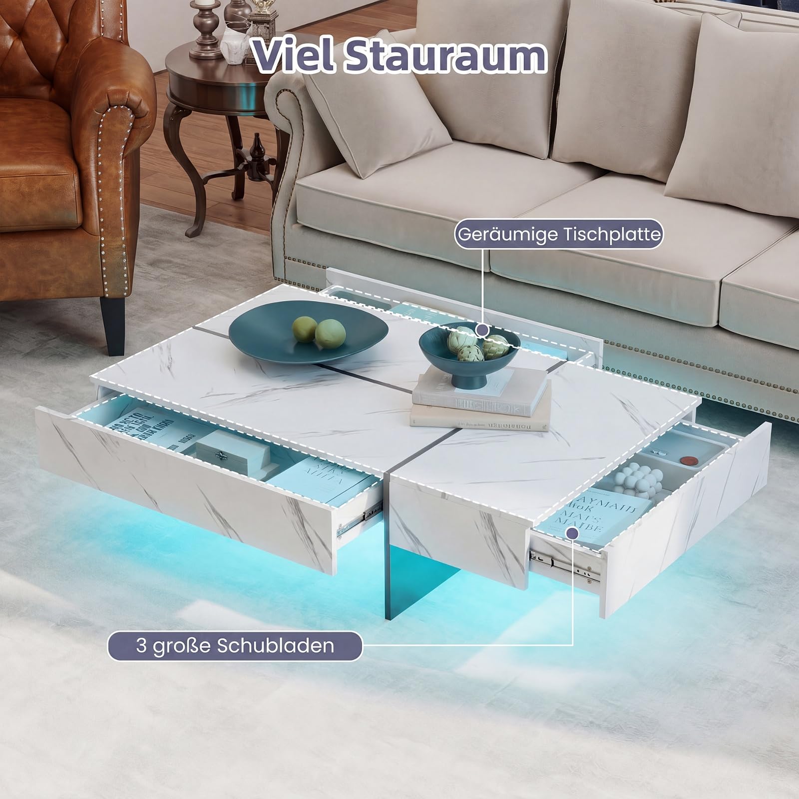 SOARS Mesa de Centro LED, Mesa Auxiliar Brillante con 3 Cajones de Almacenamiento, Iluminación Ajustable y Control Remoto, Mesa de Café Moderna para Salón Sofá, 120 x 70 x 35 cm (Blanco)