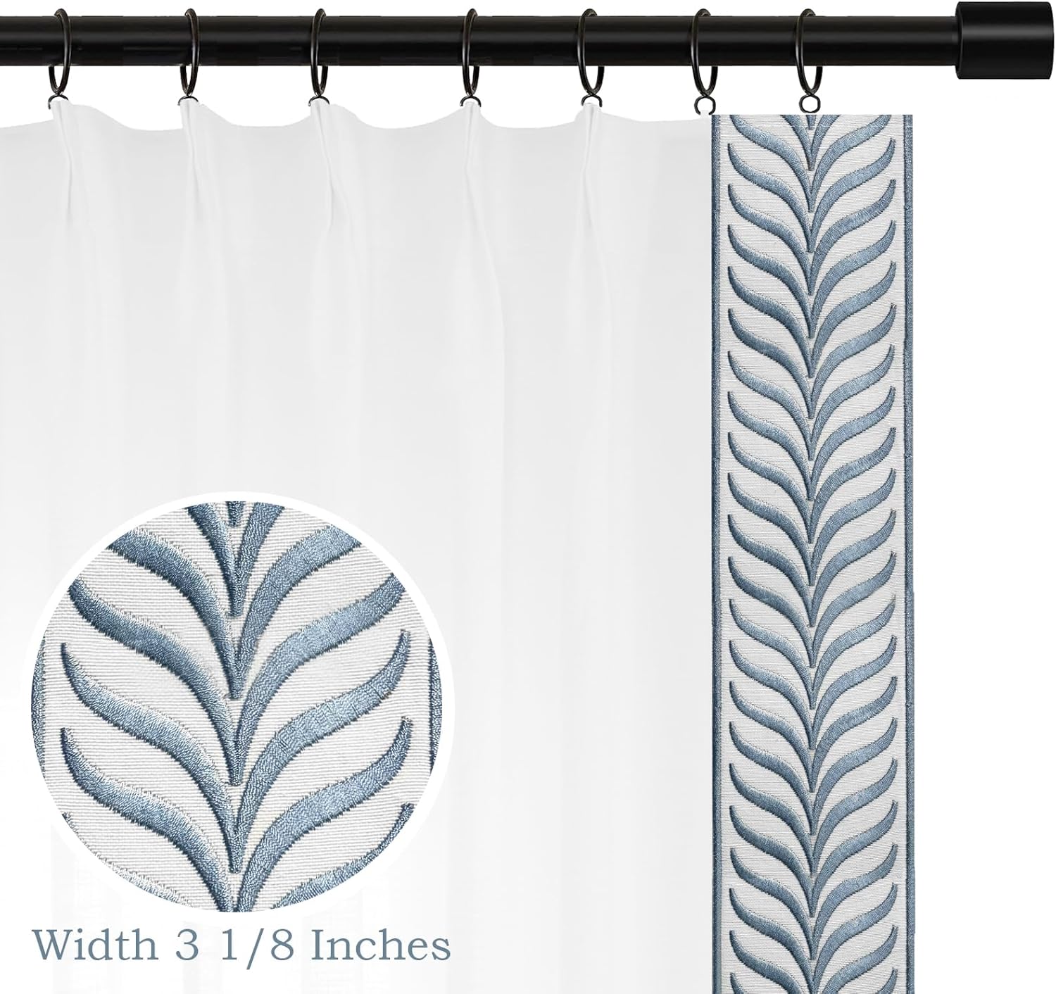 102 Inch Embroidery Trim Pinch Pleated Linen Curtains, Blue Willow Leaf Embroidery Decoration 2 Panels Window Panels with Light Filtering for Living Rooms and Bedrooms.40Wx102L,White V1