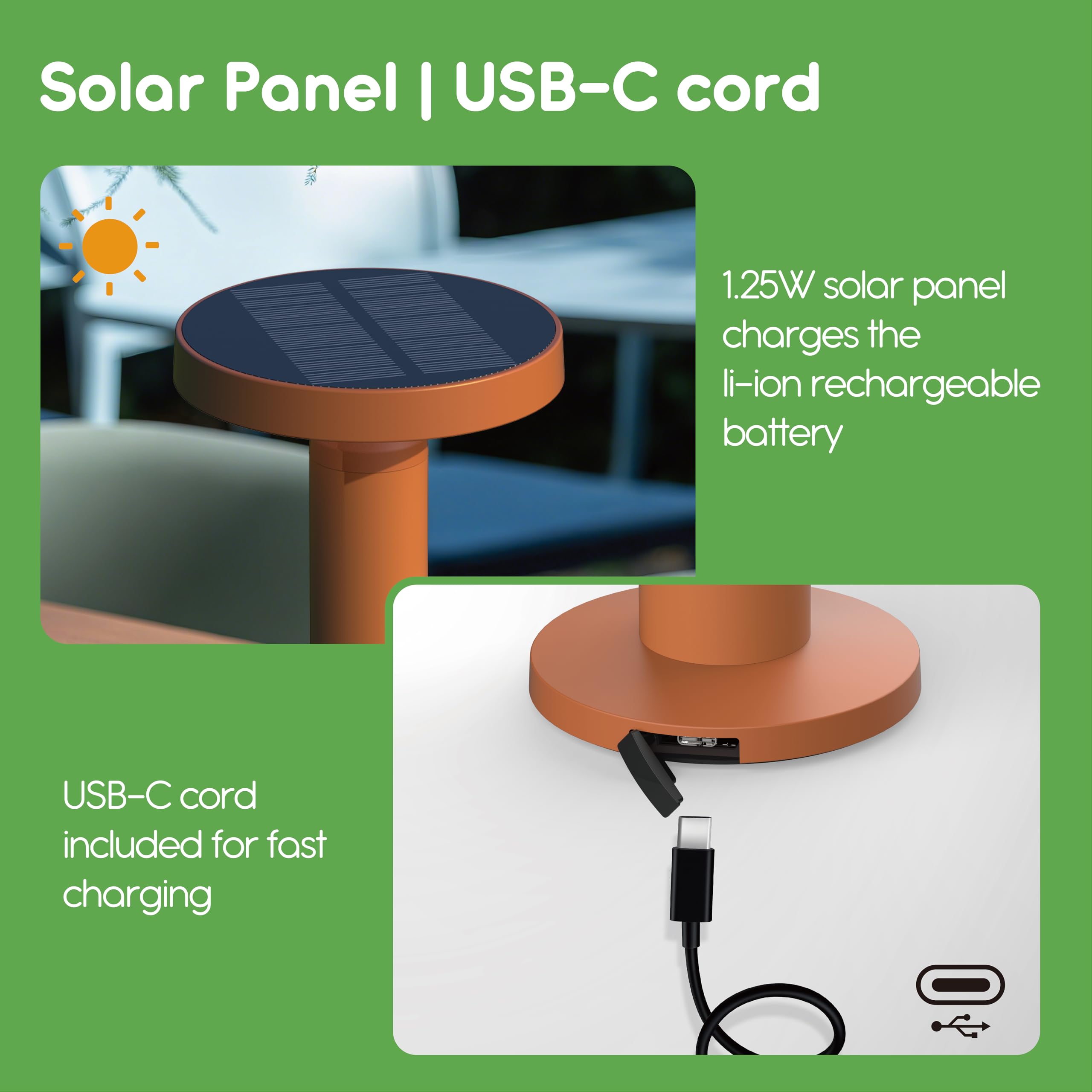 Runde Solar Tischlampe - Tragbare LED Leuchte mit USB-C Aufladen & Solarpanel - Wasserdicht, Stufenloses Dimmen für Außen/Innen - Sand, 1 Pack