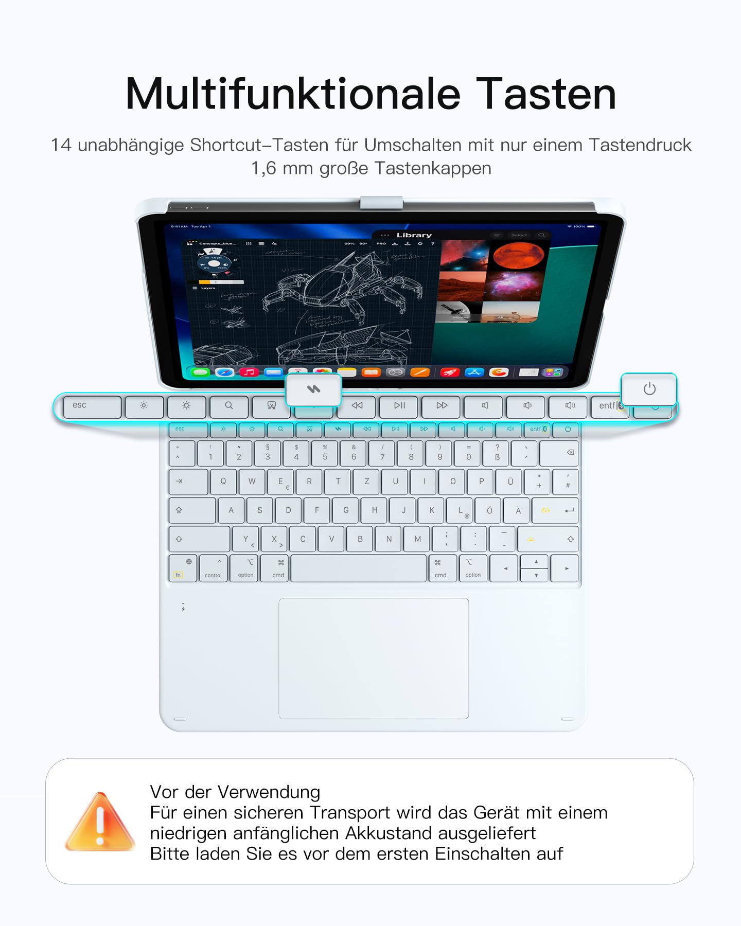 Inateck Hülle mit Tastatur iPad Air 13, großes 6" Präzisions-Touchpad | Kompatibel mit iPad Pro 12,9", abnehmbar, vertikal/horizontal, 7 FarbigerBeleuchtung, verstecktes Stiftfach, AceTouch, Blau