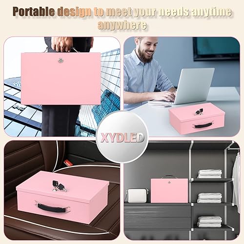Miniatura 8 de xydled Caja fuerte resistente al fuego con cerradura de llave para almacenamiento de seguridad de objetos de valor, 12.8 x 8.5 x 4.5 pulgadas, rosa