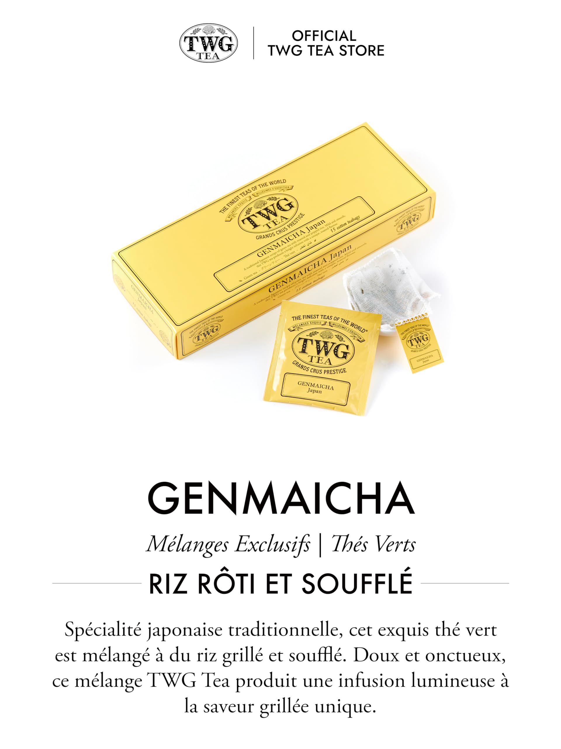 TWG Tea | Thé Genmaicha | Thé Vert | Riz Soufflé et Grillé | 15 Sachets de Thé en Coton Cousus à la Main | Coffret Cadeau