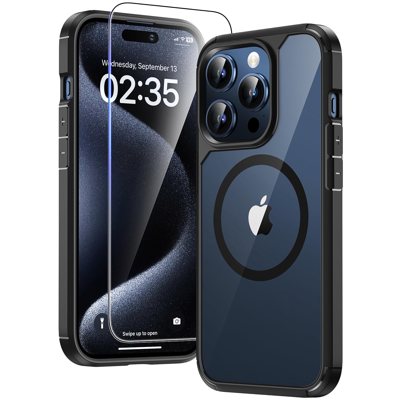 TAURI 3 in 1 Cover Magnetica per iPhone 15 Pro [Compatibile con MagSafe] con 2 Pellicola in Vetro Temperato, Custodia Rigida per Sottile Anticaduta - Nero