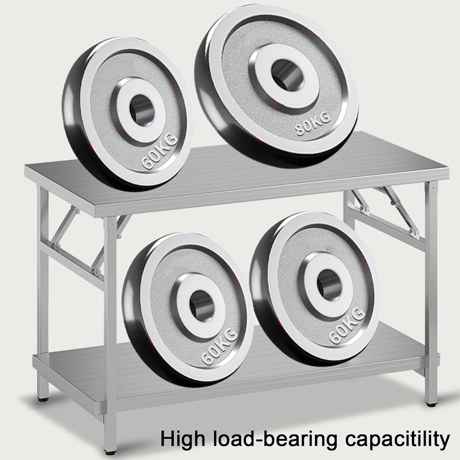 Folding Kitchen Workbench with 2-Tier Storage Shelf H75cm (29.5") Stainless Steel Work Table Surfaces Adjustable Legs Scratch-Resistantly Finish Easy Assembly Dual Spring Design