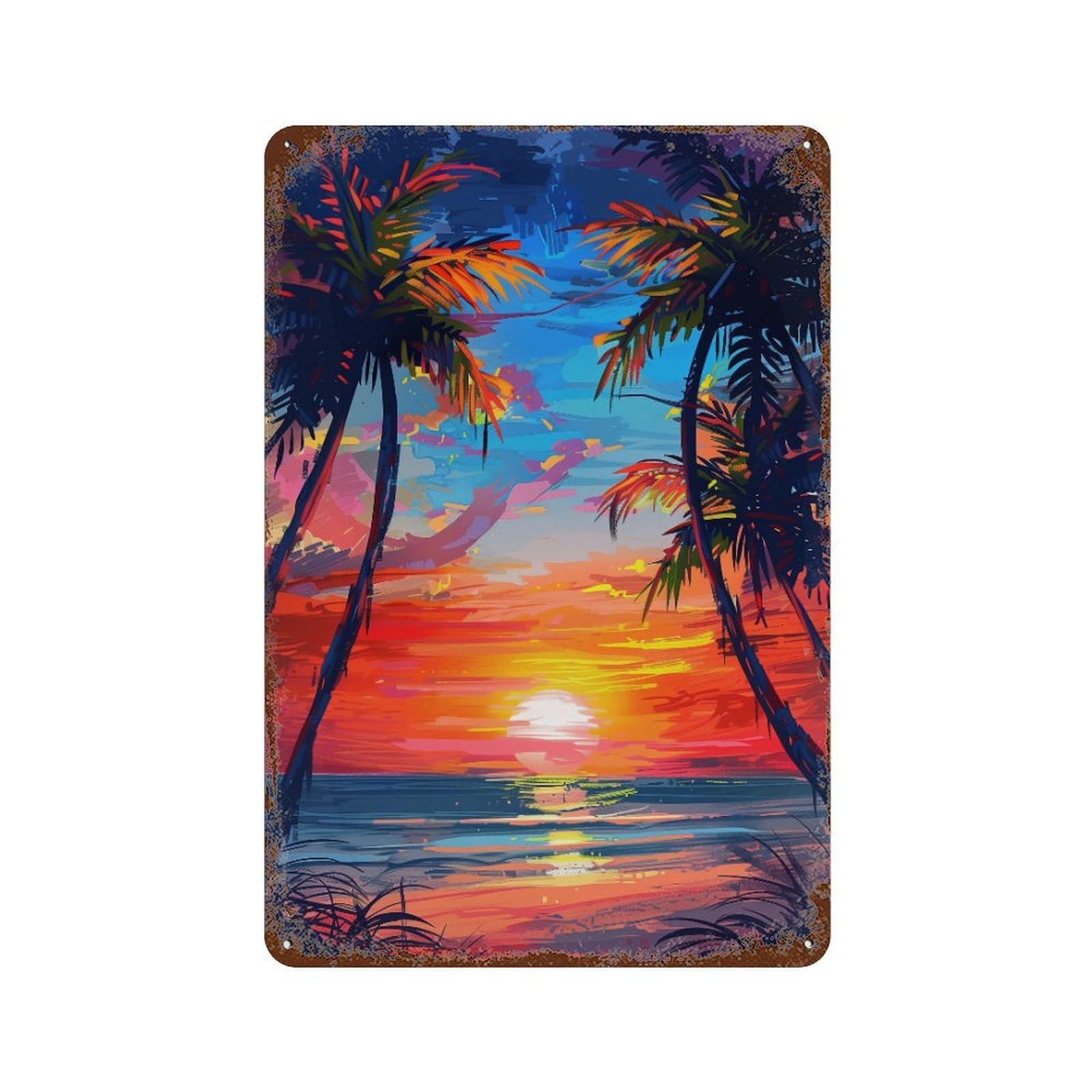 Tropical Sunset Painting 11.8"x7.9" Retro Metal Sign, Shabby Chic Decor for Garage, Bar And Workshop Decor
