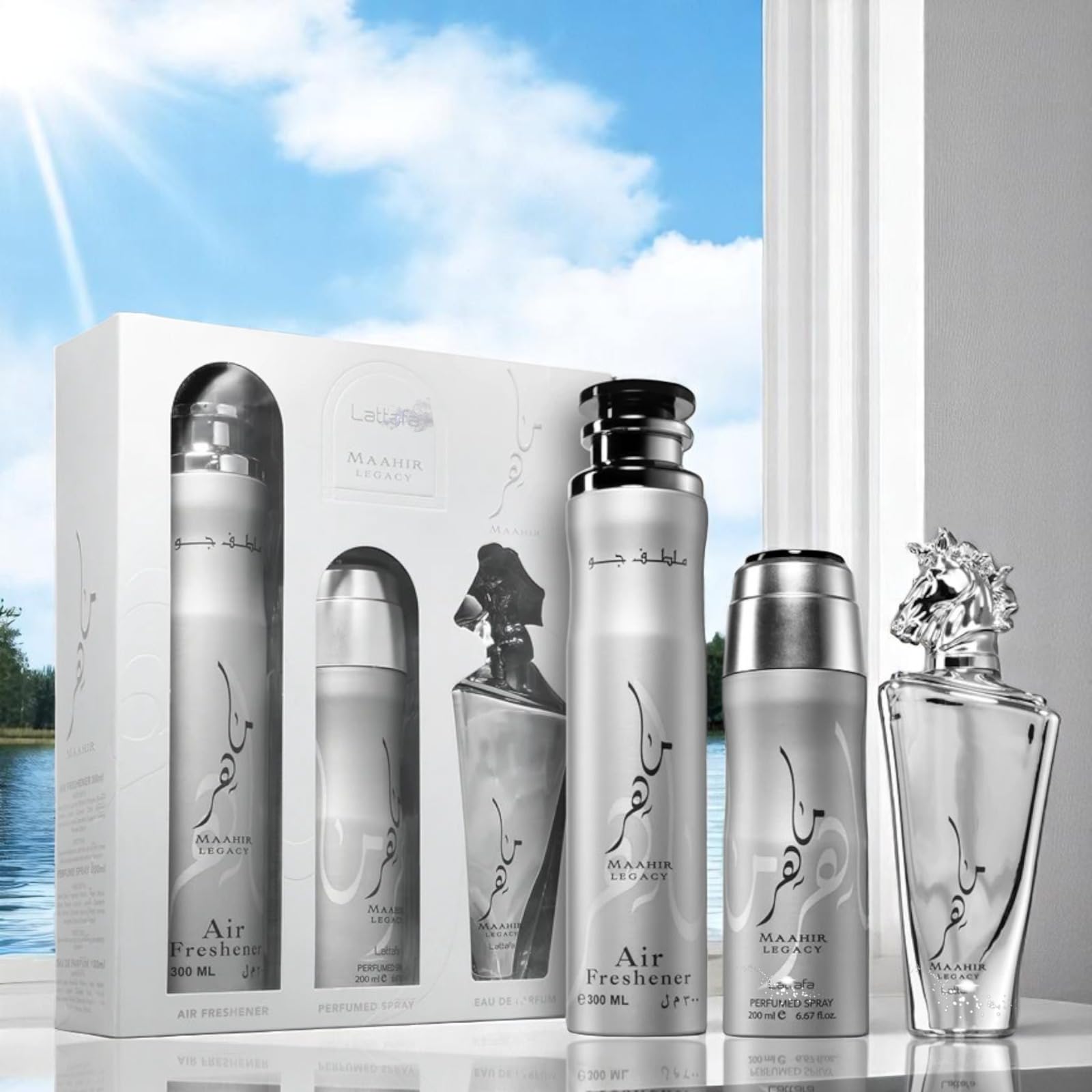 Set Maahir Legacy 3 Piezas – Perfume 100ml + Desodorante 200ml + Ambientador 300ml | Aroma Elegante y Duradero + Regalo Atomizador Recargable Drikanbest 5ml
