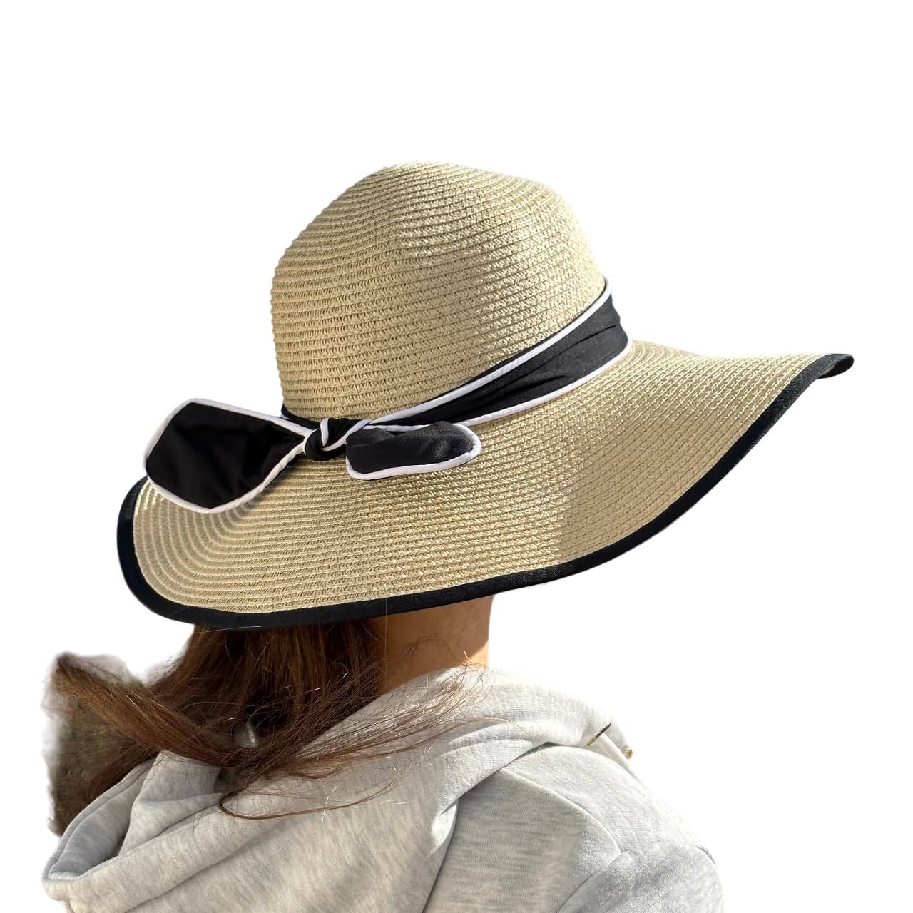 MIGURA Sombrero Mujer De Paja Protección Solar Panama Pamela Playa Verano Esparto Gorra para Sol Visera Enrollable con Lazo Negro