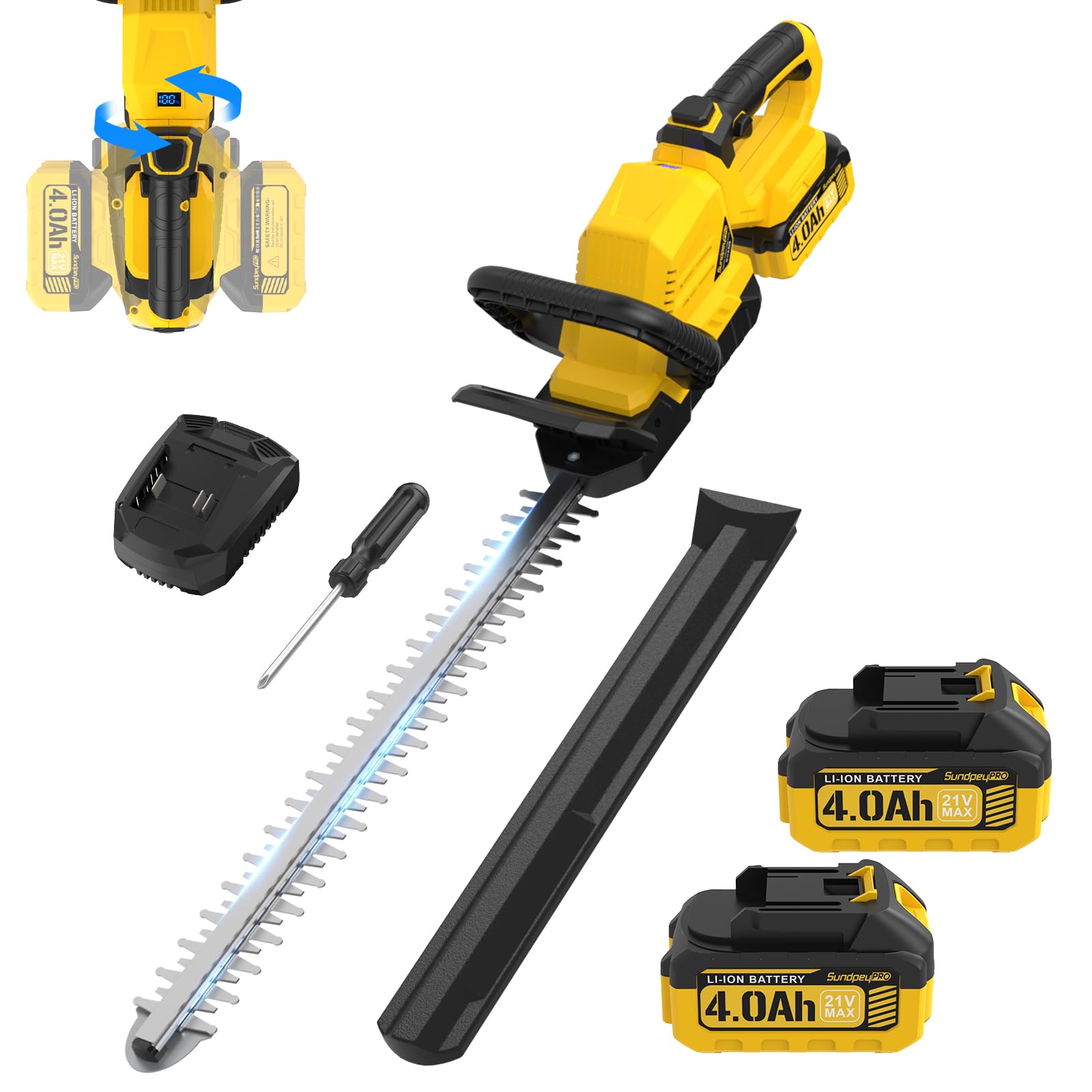 Cortasetos eléctrico con batería de 53 cm, con 2 baterías de 4,0 Ah, cortasetos con mango giratorio de 180°, cortasetos para jardín y arbustos