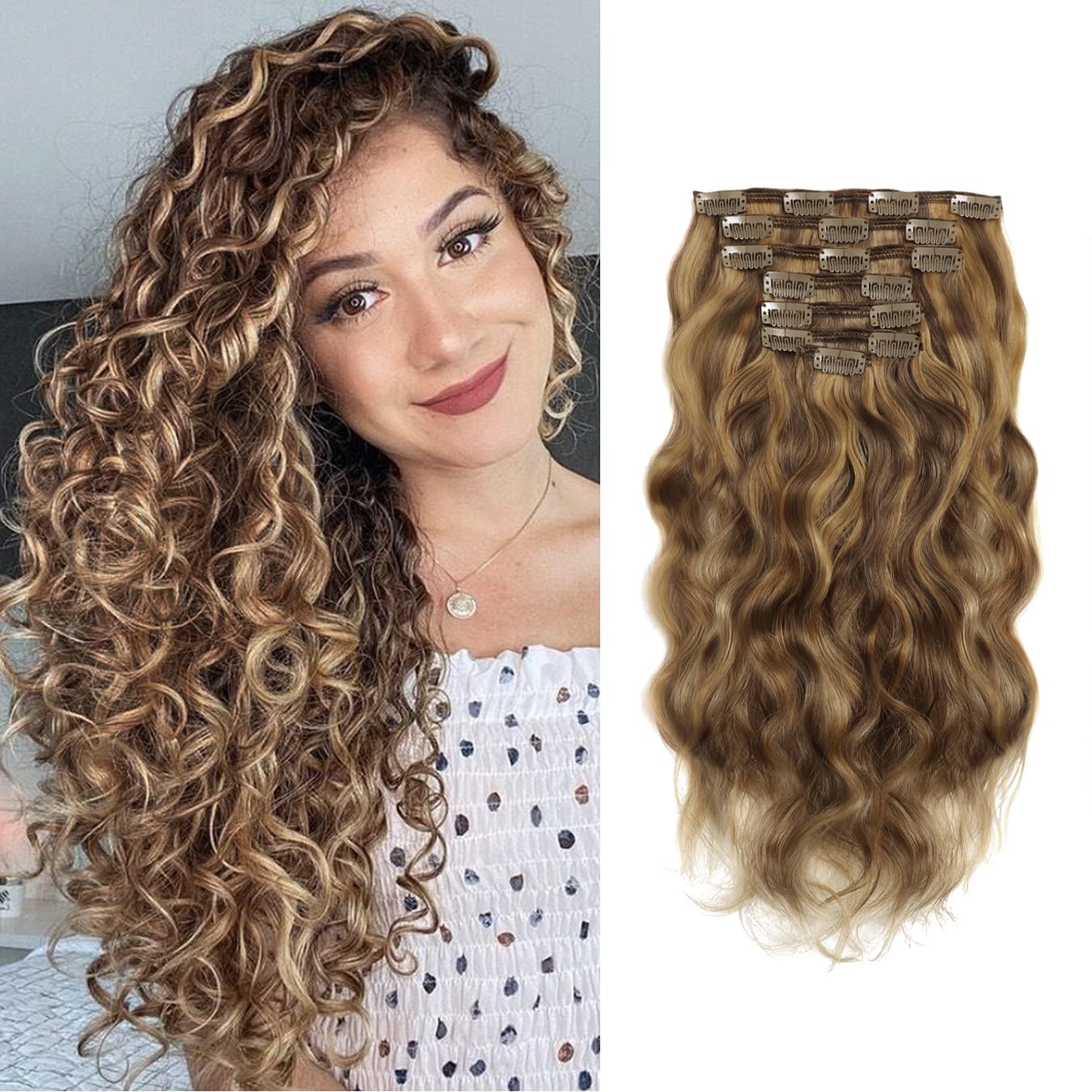 Loxxy Clip in Human Hair Extensions 20inch Natural Wave Double Weft Real Human Hair Extensions for Women #P4/27 Dark Brown Mixed with Caramel Blonde