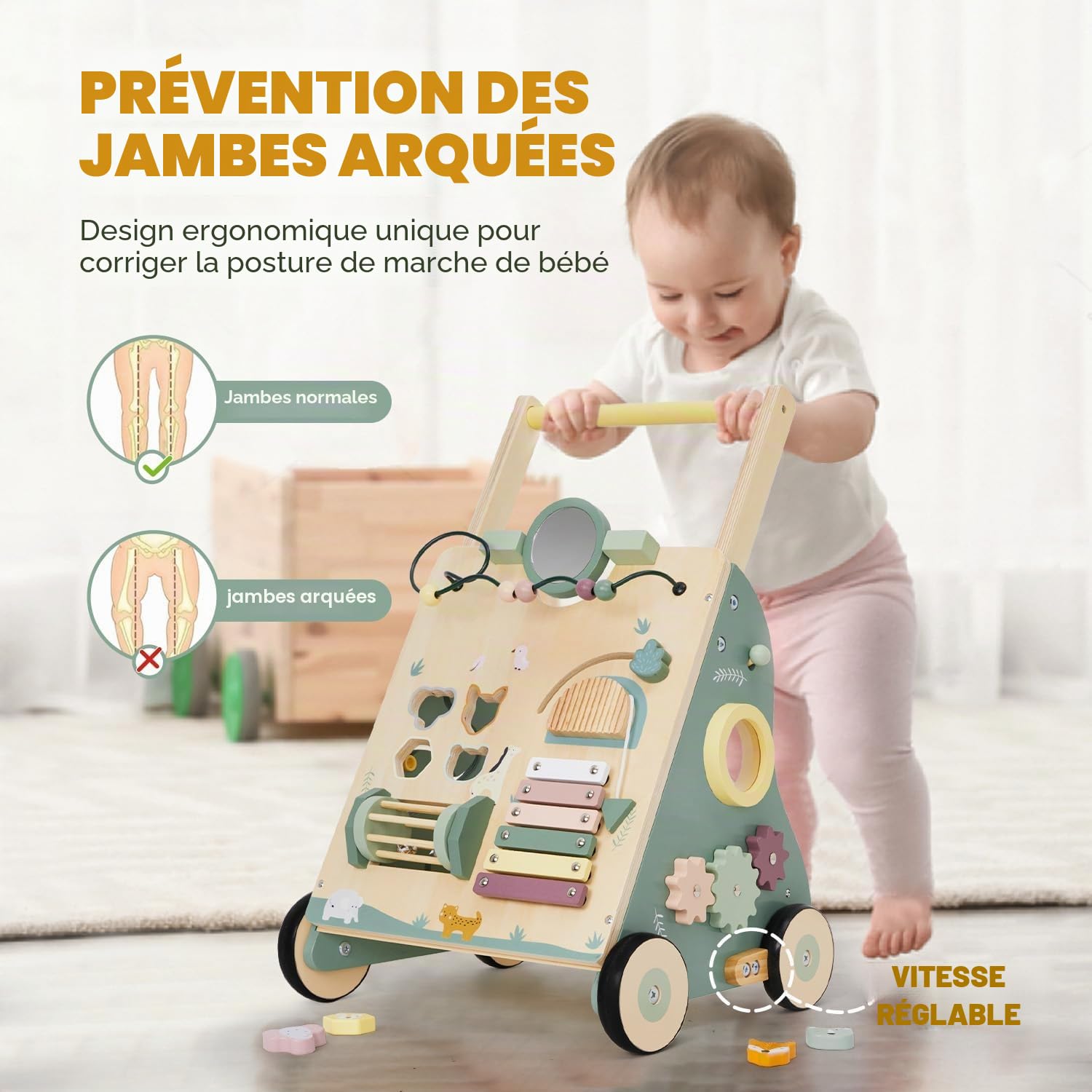 Labebe Trotteur 8 en 1 - Chariot de Marche en Bois avec Roues Caoutchoutées et Centre d'Activité pour Bébé