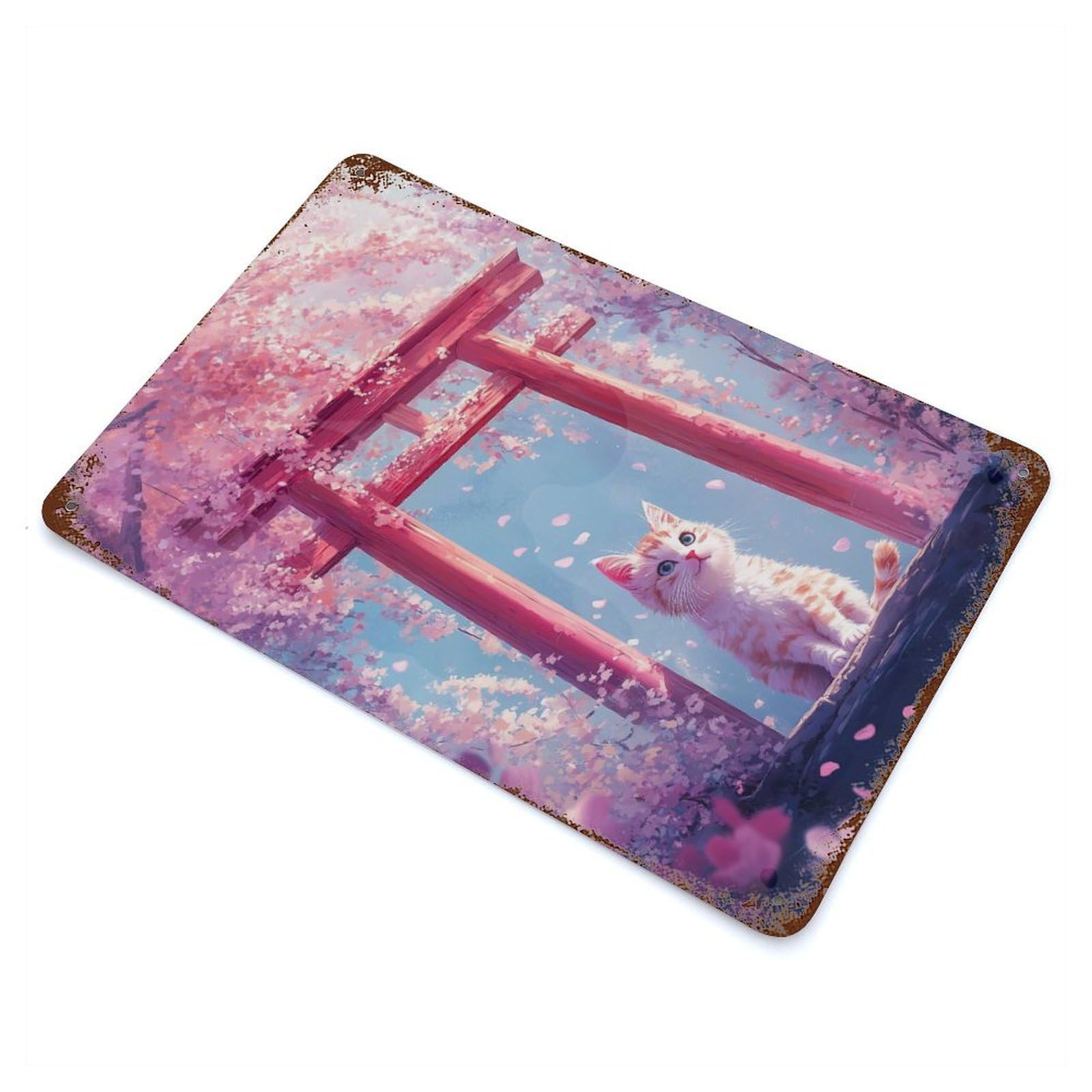 Vintage Rust Metal Sign Cherry Blossom Cat Torii 11.8"x7.9", Novelty Wall Decor for Garage, Bar And Workshop Decor