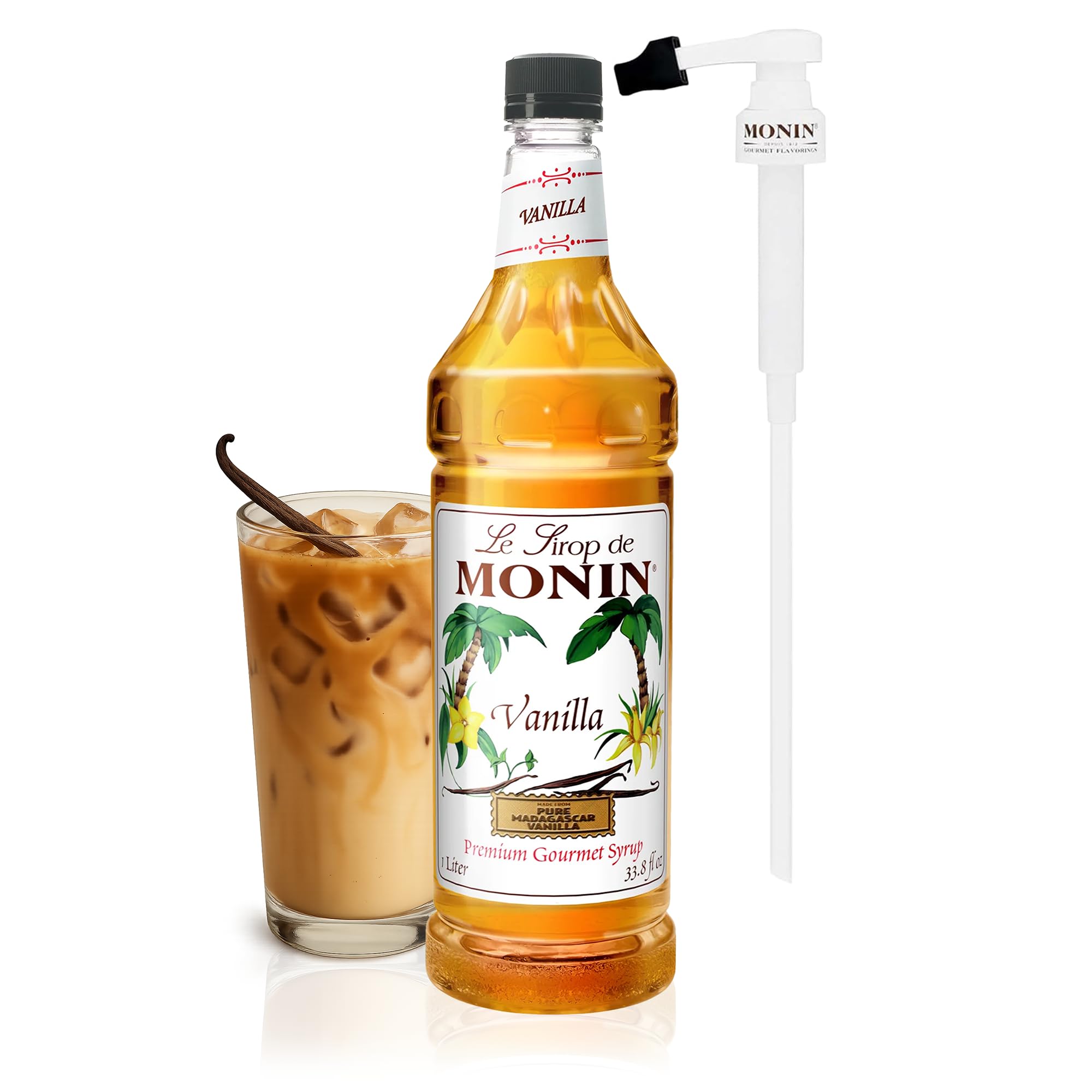Vanilla Syrup with Monin BPA Free Pump, Boxed, Versatile Flavor, Great for Coffee, Shakes, and Cocktails, Gluten-Free, Non-GMO (1 Liter)