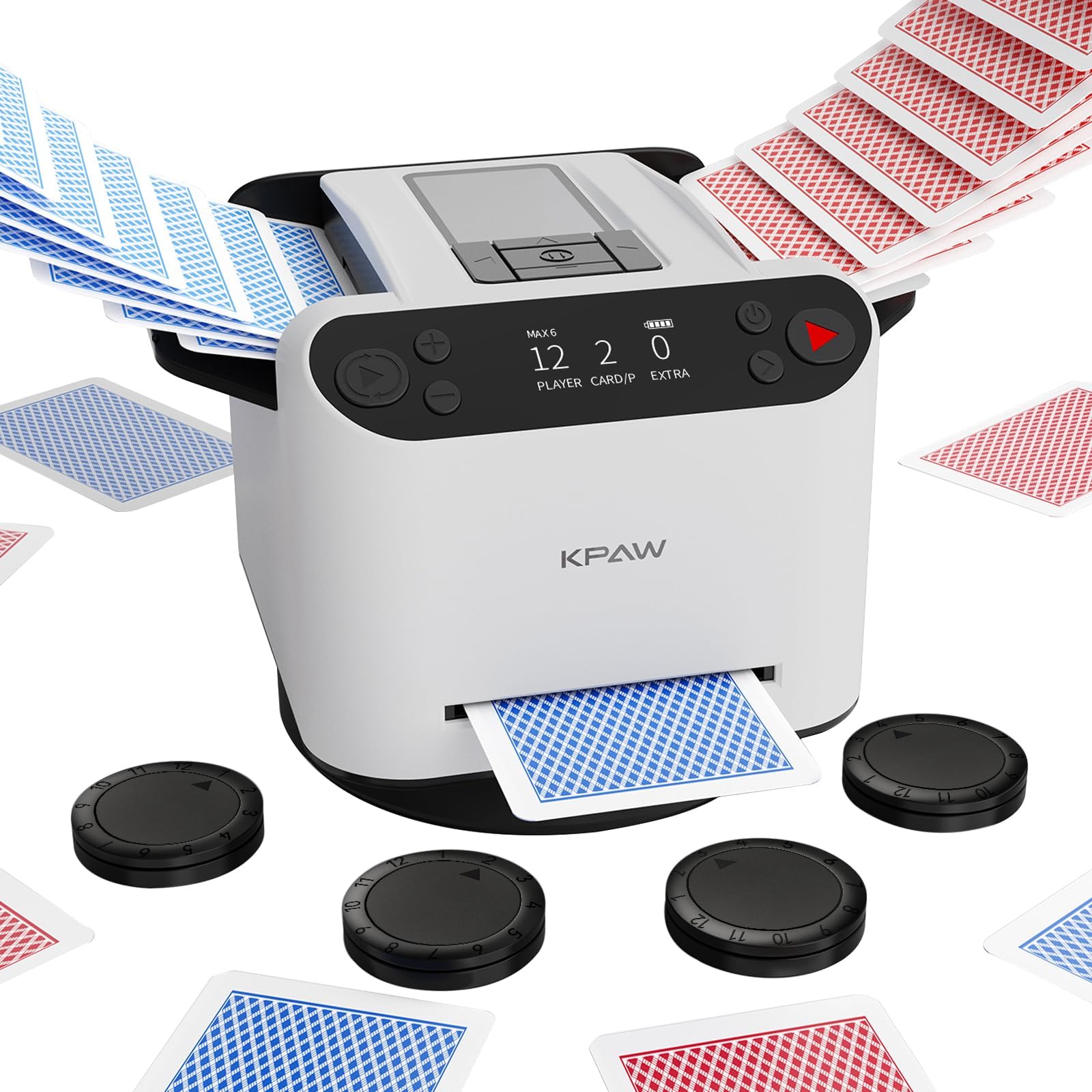 KPAW 2-in-1 Automatic Card Shuffler & Dealer + 4 Drawing Remotes - Support 12 Players. Fit for Poker, UNO, Rummy & Other Card Games (White)