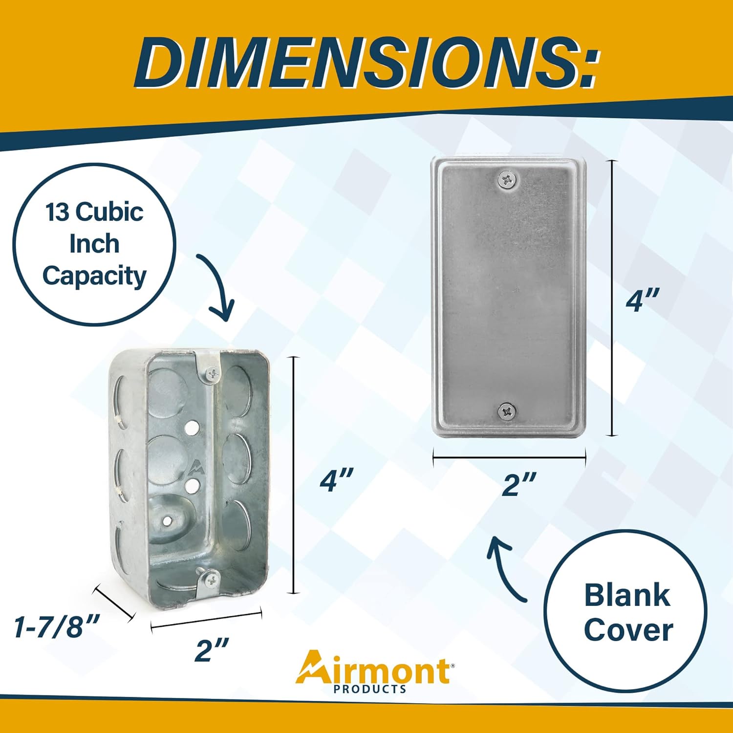 (Pack of Box and Cover) 4x2 Inch Utility Electrical Box, Outlet Box, Blank Utility Size Cover, Drawn Construction, Ten ½’’ Knockouts, Raised Ground, 1-7/8” Deep, 13 Cu. in. Capacity, Galvanized Steel