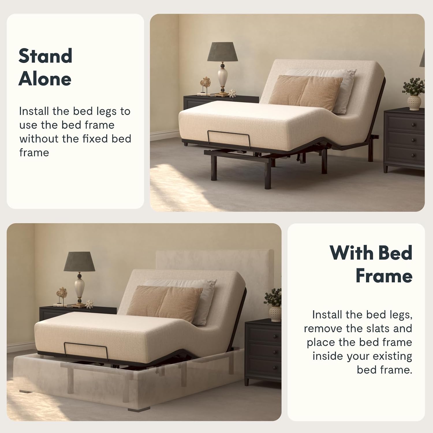 Diagram showing the adjustable bed frame used standalone or placed inside an existing bed frame
