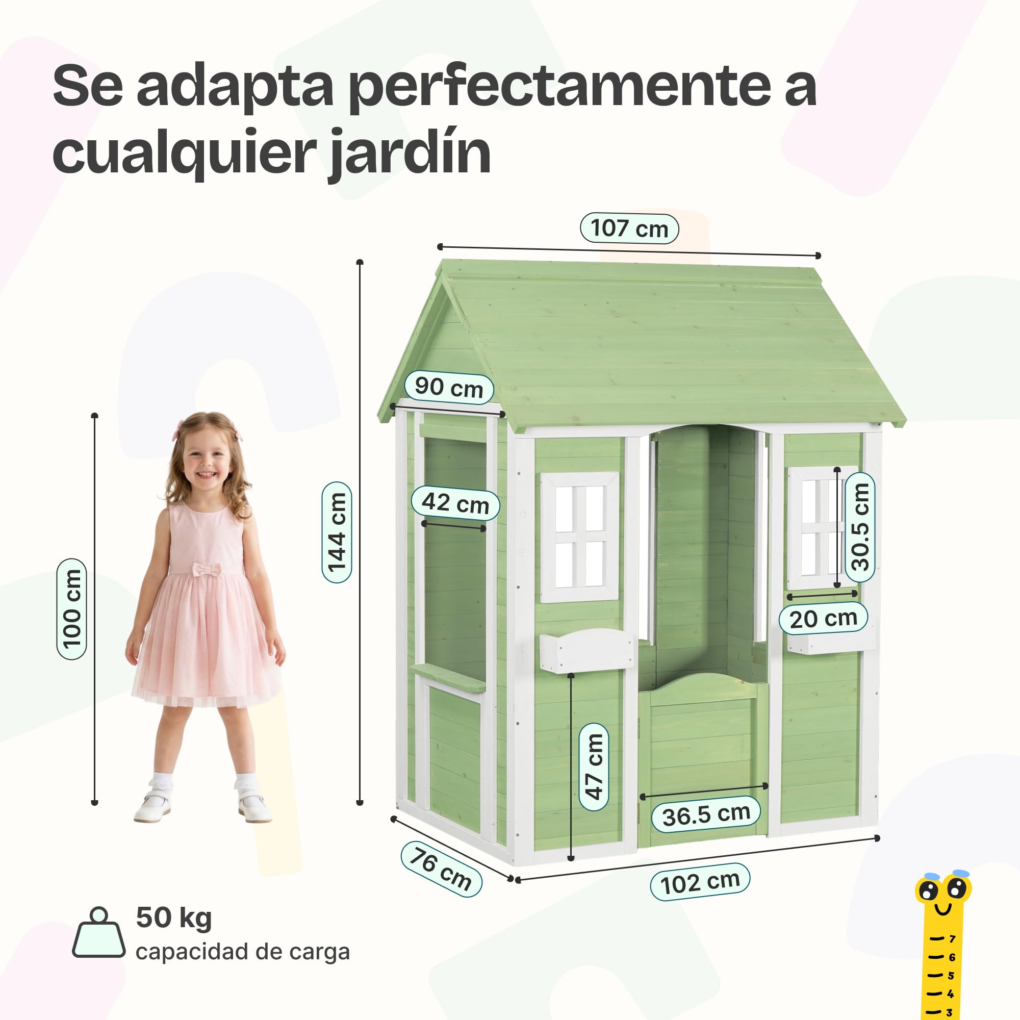 [en.casa] Casita Infantil Kuoldsvin Casa de Niños Exterior con Jardineras Casa de Juegos con Ventanas y Puerta Madera de Abeto 144 x 107 x 90 cm - Verde/Blanco
