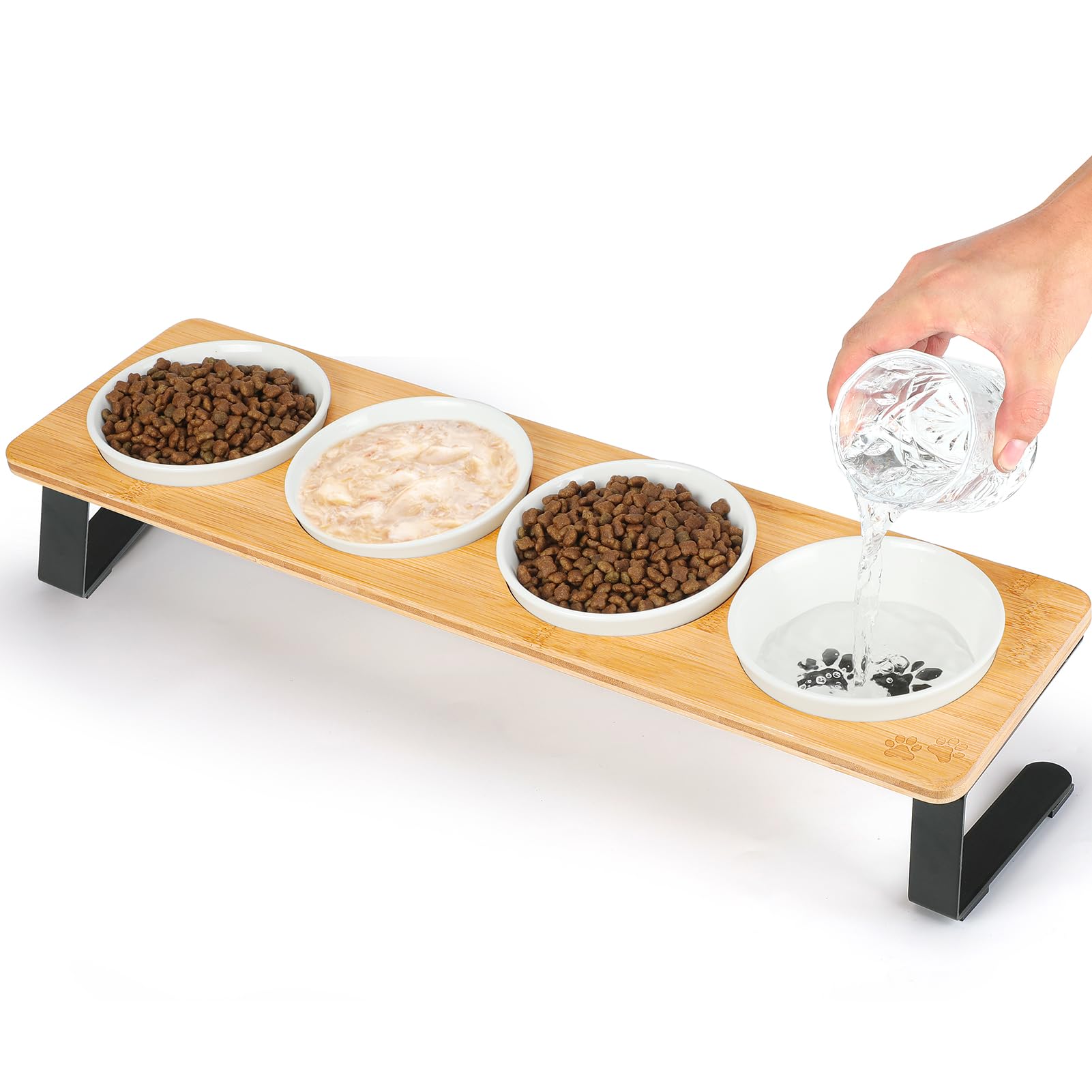 Photo 1 of 4 Elevated Cat Bowls for Multiple Cats Tilted Anti Vomiting Ceramic Raised Cat Food Bowls for Food and Water, Cat Dishes for Indoor Cats with Non-Slip Stand & Bamboo Board, Dishwasher Safe 5" Bowls x4