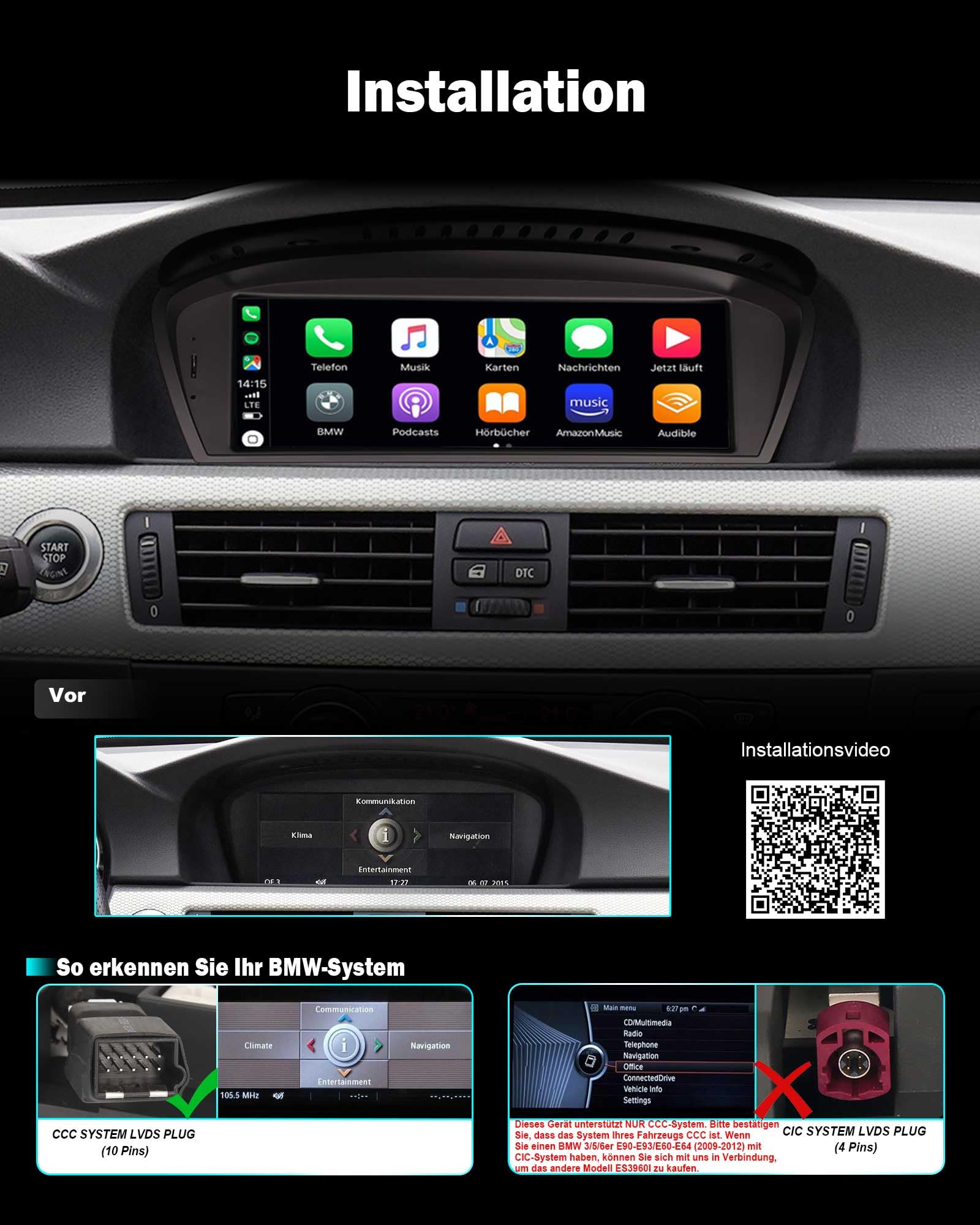 8,8" IPS Qualcomm 8 Kern 8GB RAM 128GB ROM Android 16 DAB+ Autoradio für BMW 3er E90 E91 E92 E93 5er E60 E61 6er E63 E64 2005-2008 CCC GPS Navigation CarPlay Android Auto WiFi USB Bluetooth SWC iDrive